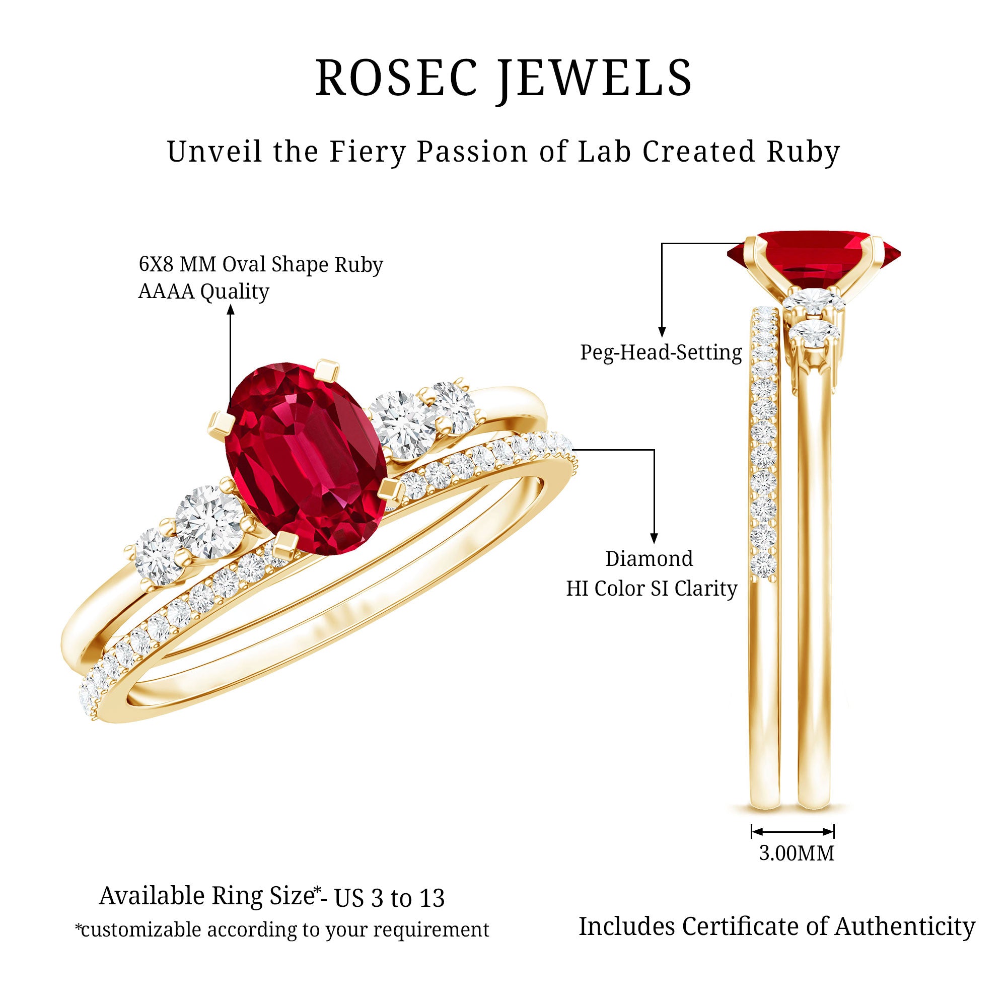 1.5 Carat Oval Lab Created Ruby Solitaire Bridal Ring Set with Diamond AAAA - Rosec Jewels