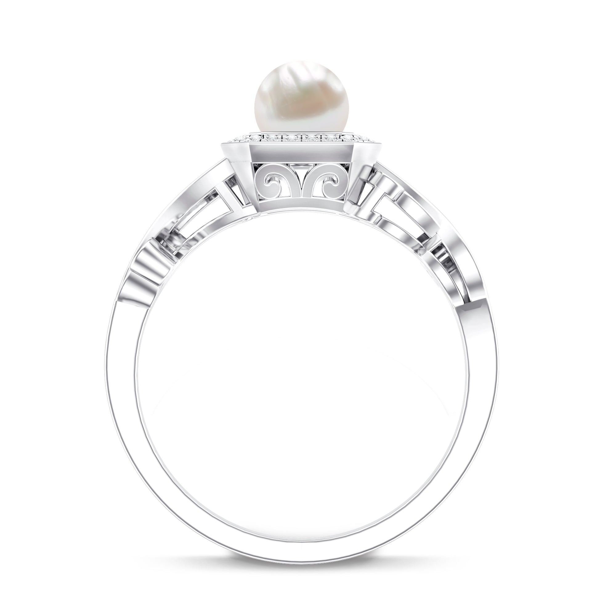Rosec Jewels-Vintage Inspired 2 Carat Pearl Engagement Ring with Diamond Halo