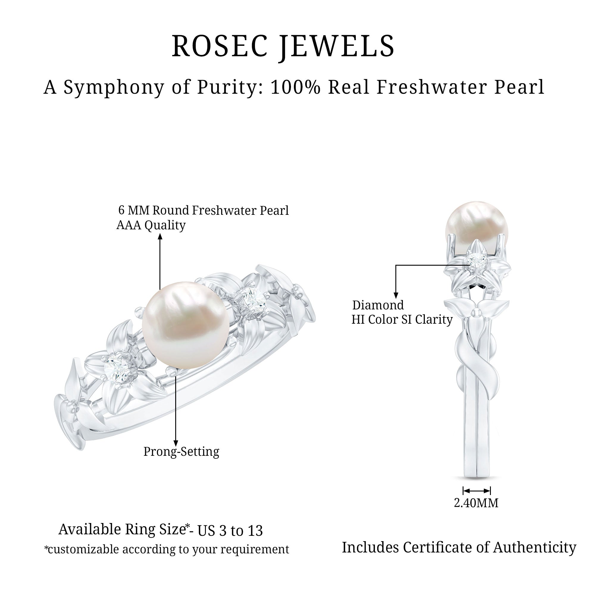 Cultured 2 Carat White Pearl Flower Engagement Ring with Diamonds AAA - Rosec Jewels
