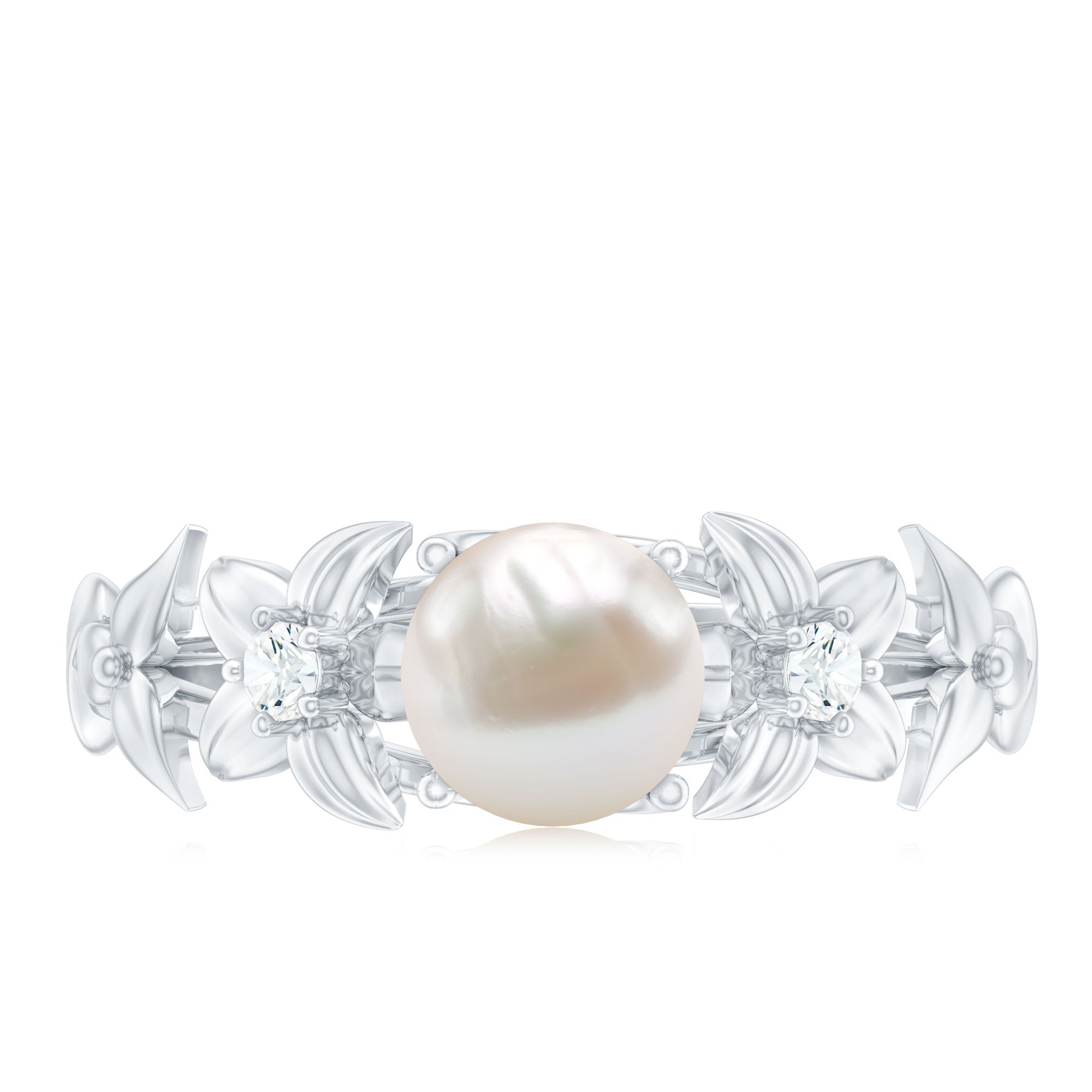 Cultured 2 Carat White Pearl Flower Engagement Ring with Diamonds AAA - Rosec Jewels