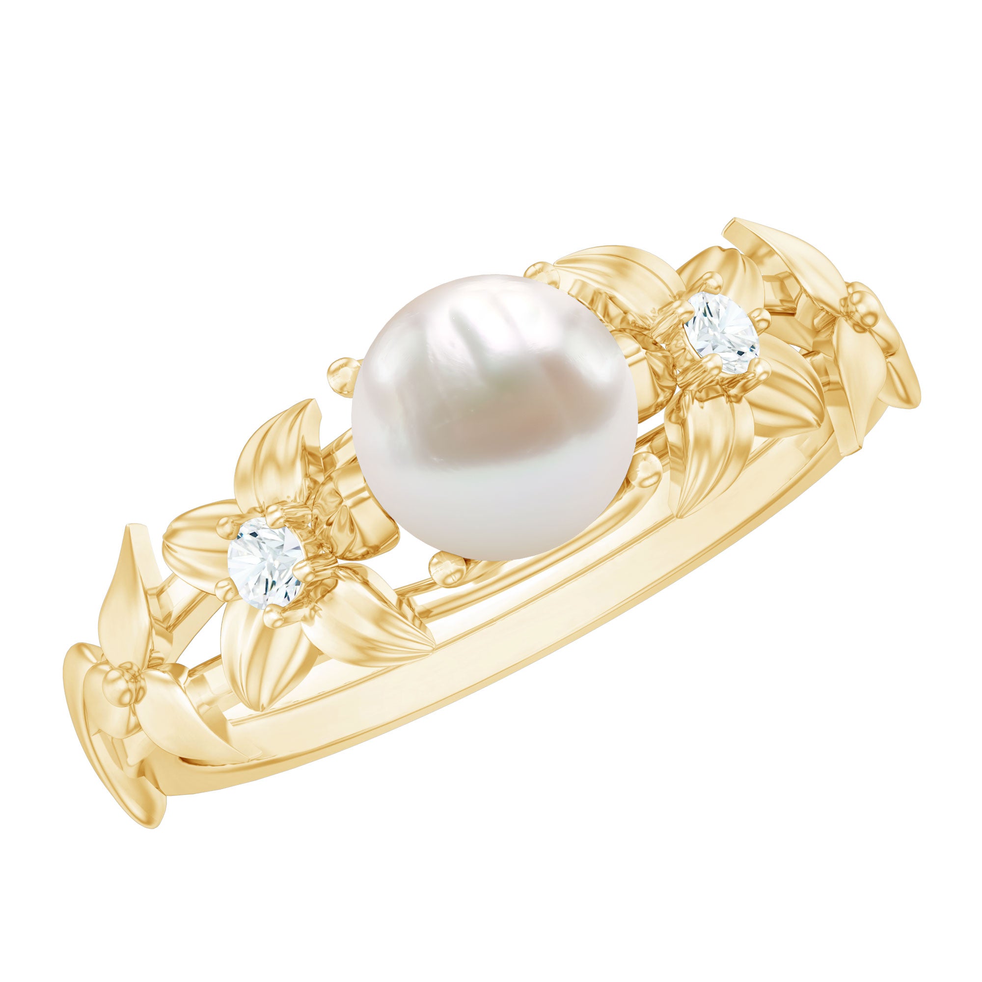Cultured 2 Carat White Pearl Flower Engagement Ring with Diamonds AAA - Rosec Jewels