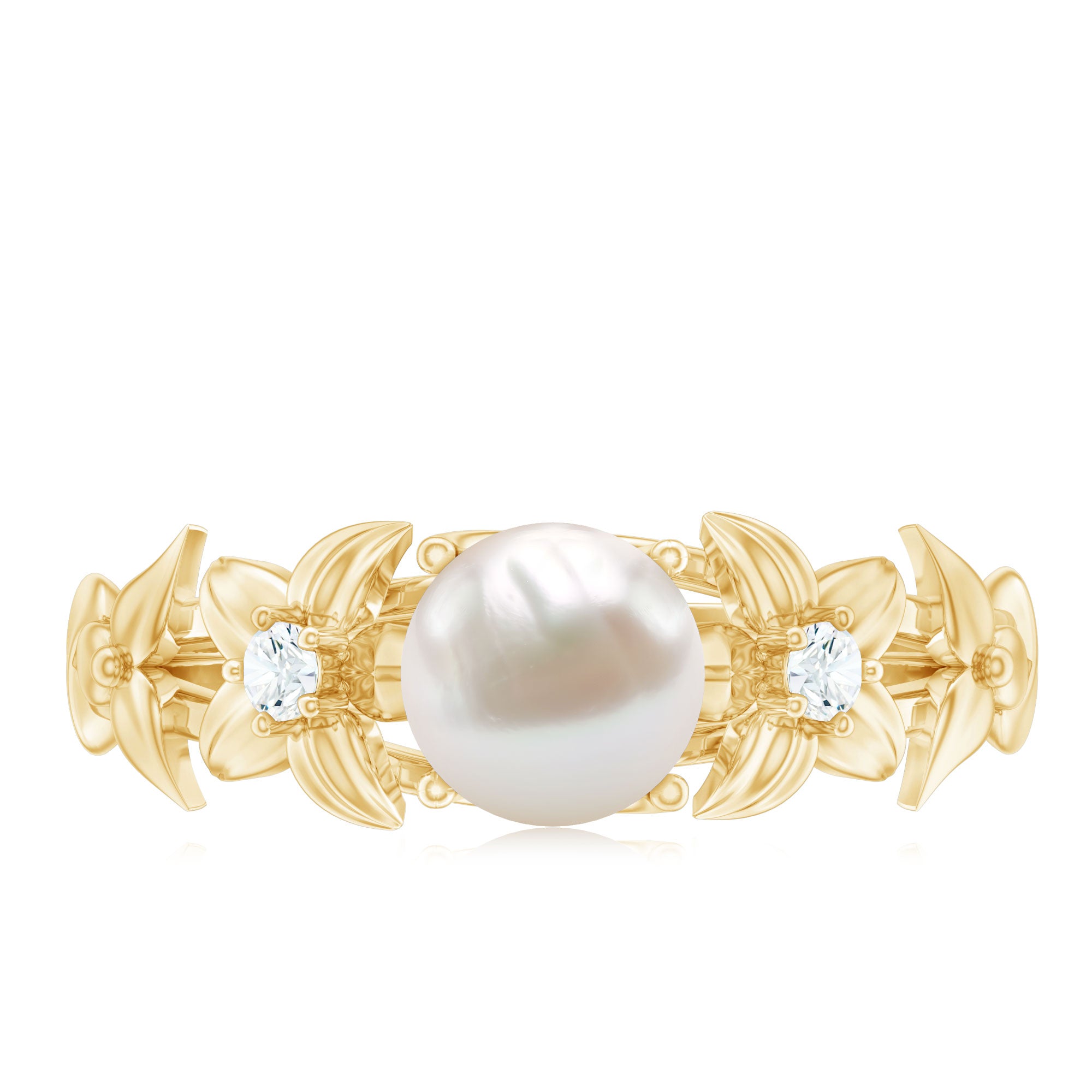 Cultured 2 Carat White Pearl Flower Engagement Ring with Diamonds AAA - Rosec Jewels