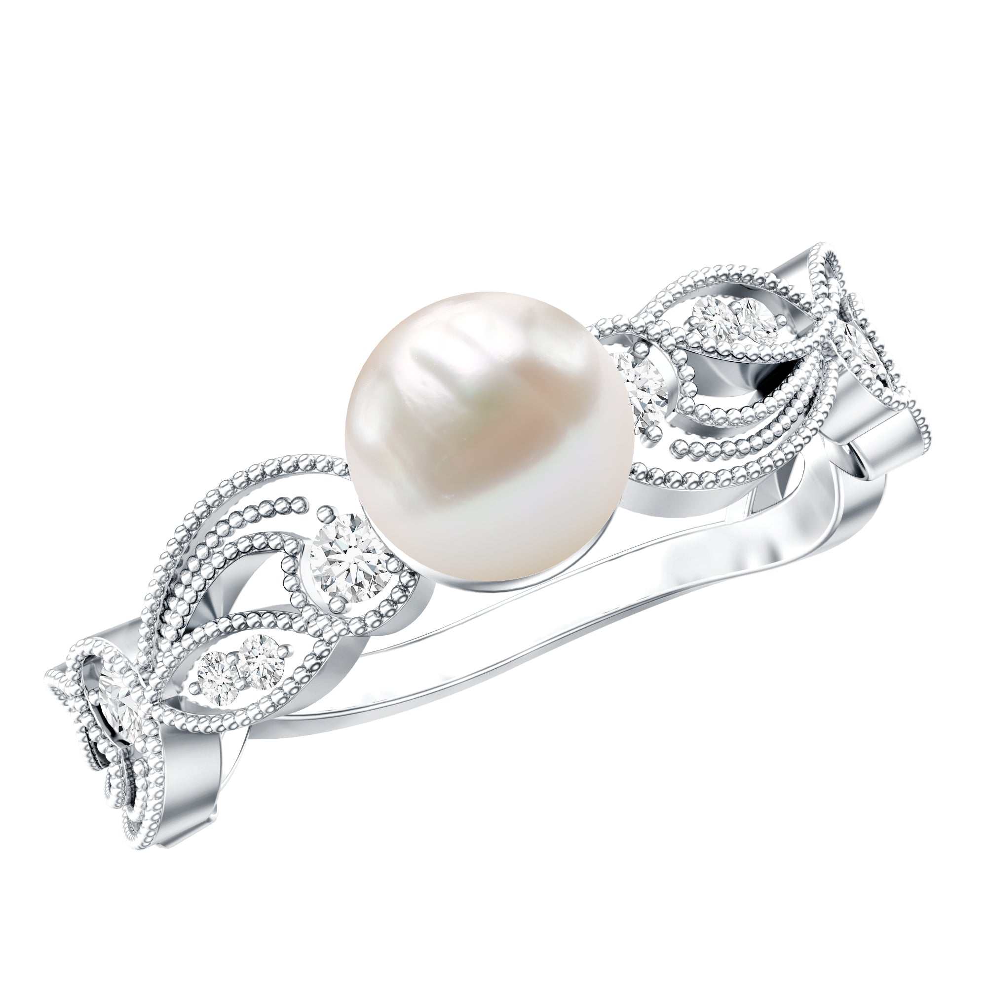 2 Carat Freshwater Pearl Vintage Looking Engagement Ring with Diamond AAA - Rosec Jewels