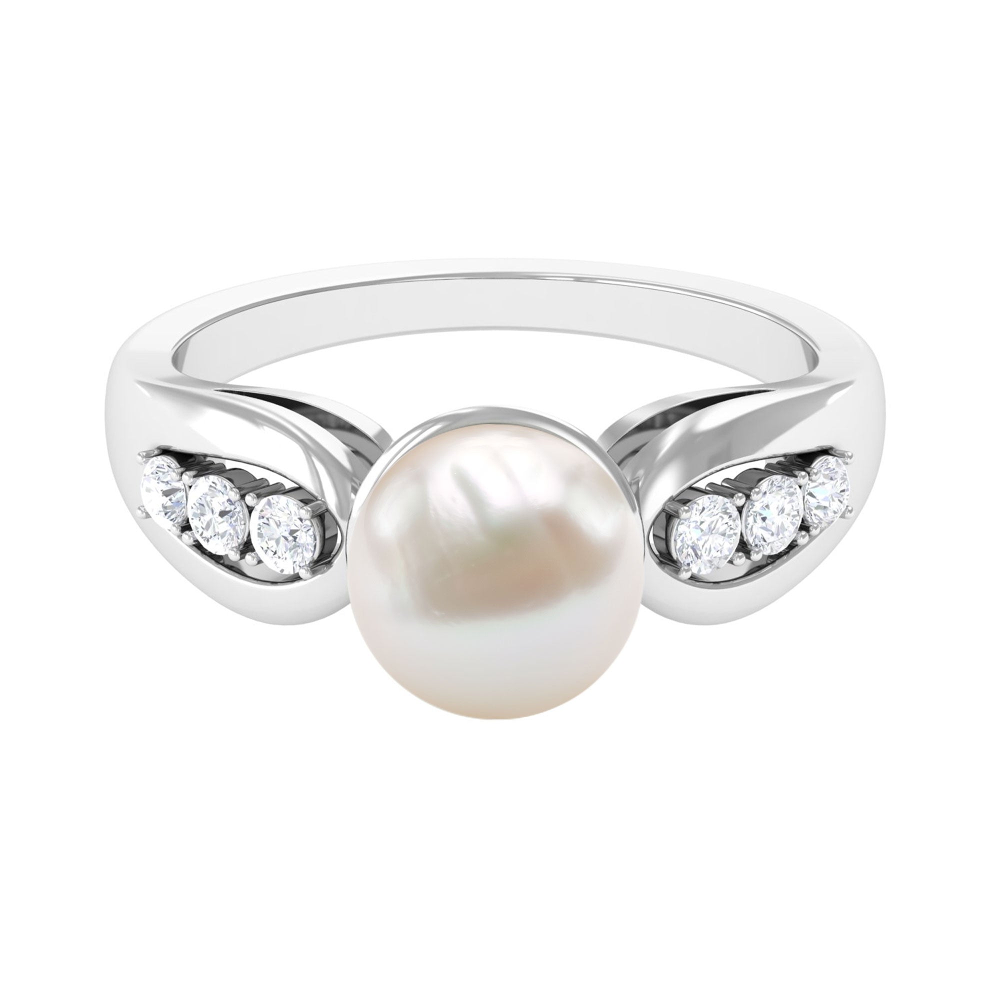 Rosec Jewels-Bead Set Freshwater Pearl Solitaire Ring with Diamond Side Stones