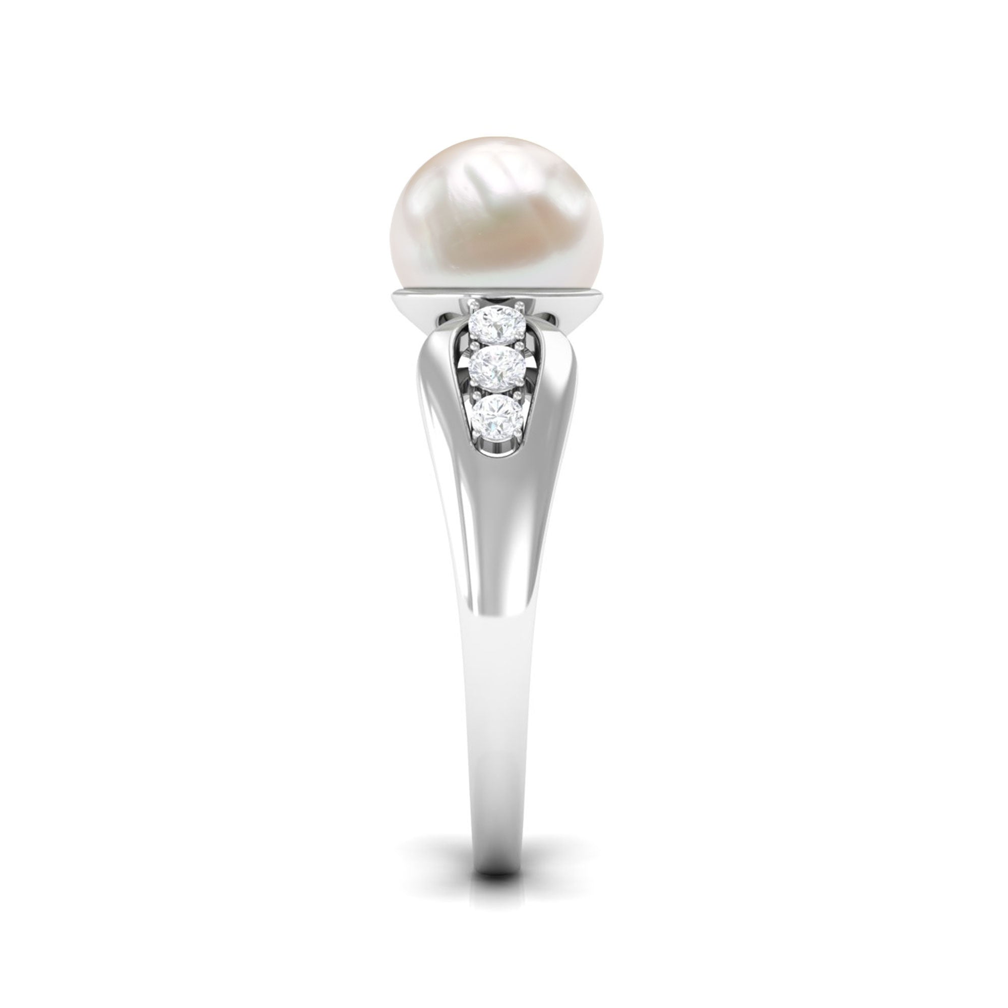 Rosec Jewels-Bead Set Freshwater Pearl Solitaire Ring with Diamond Side Stones