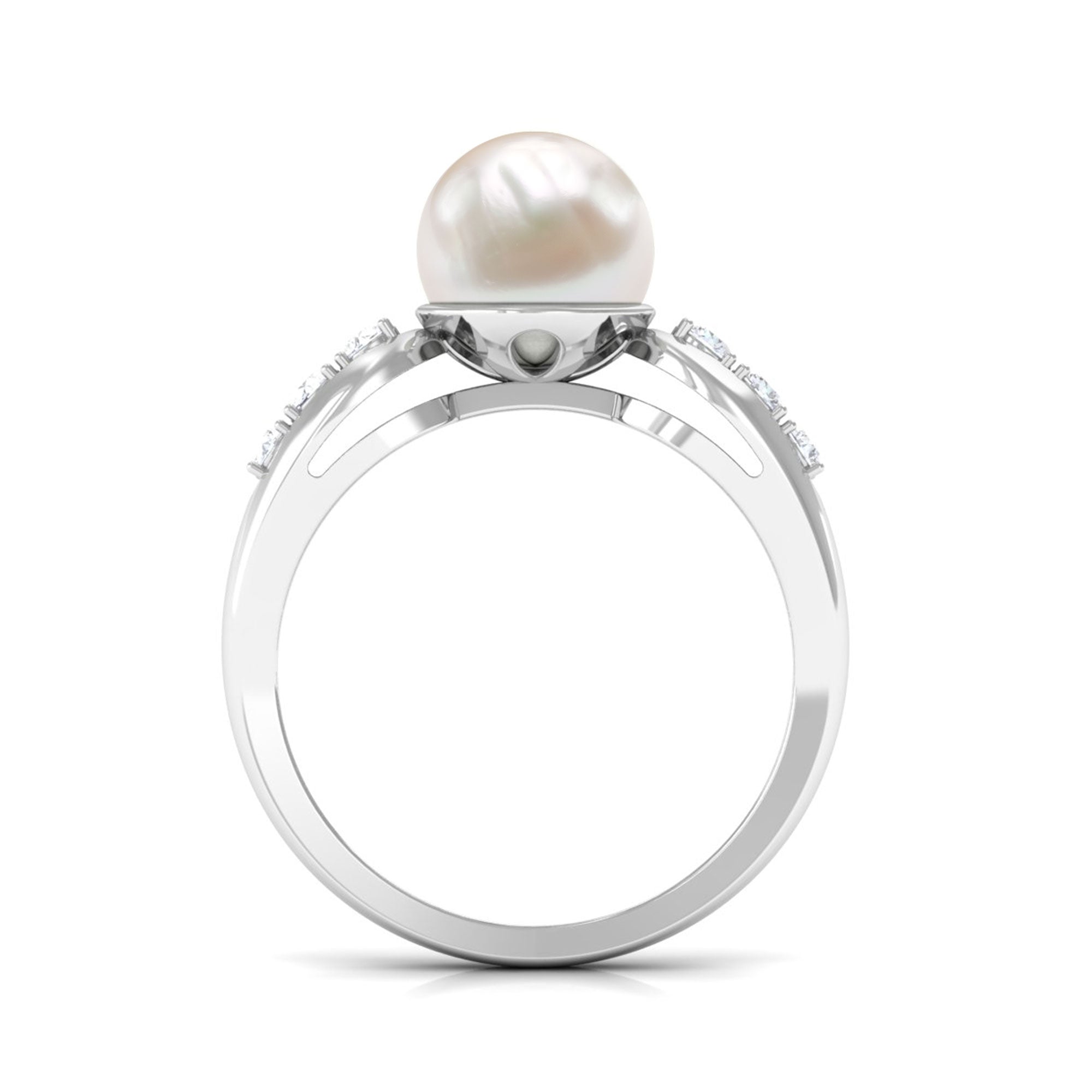 Rosec Jewels-Bead Set Freshwater Pearl Solitaire Ring with Diamond Side Stones