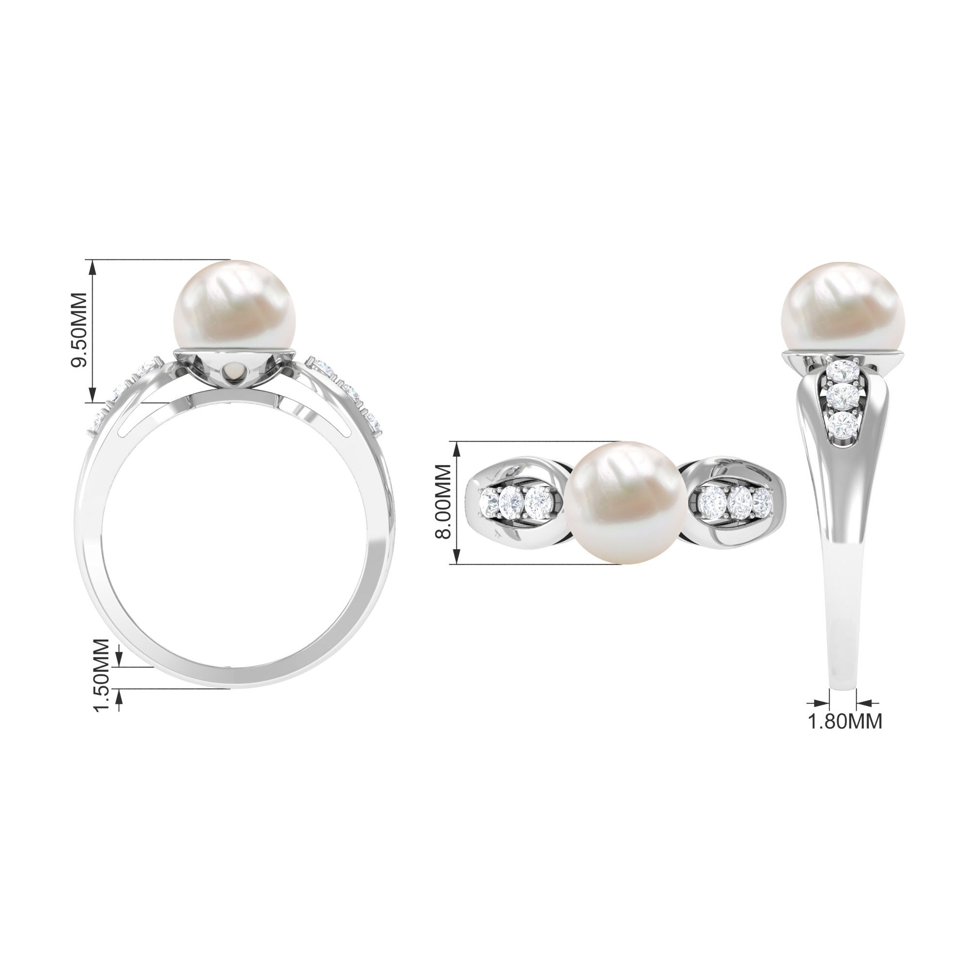 Rosec Jewels-Bead Set Freshwater Pearl Solitaire Ring with Diamond Side Stones
