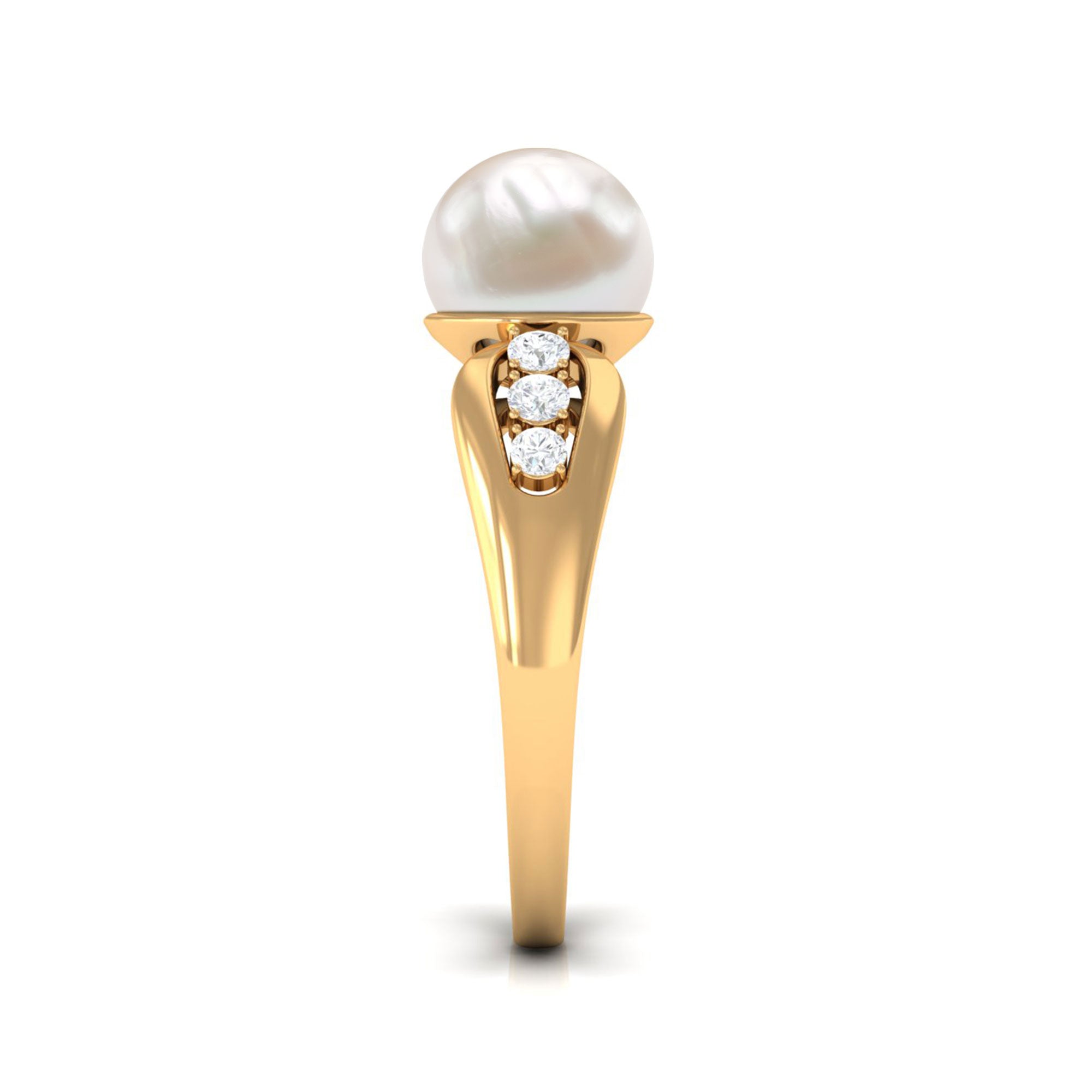 Rosec Jewels-Bead Set Freshwater Pearl Solitaire Ring with Diamond Side Stones
