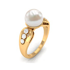 Bead Set Freshwater Pearl Solitaire Ring with Diamond Side Stones AAA - Rosec Jewels