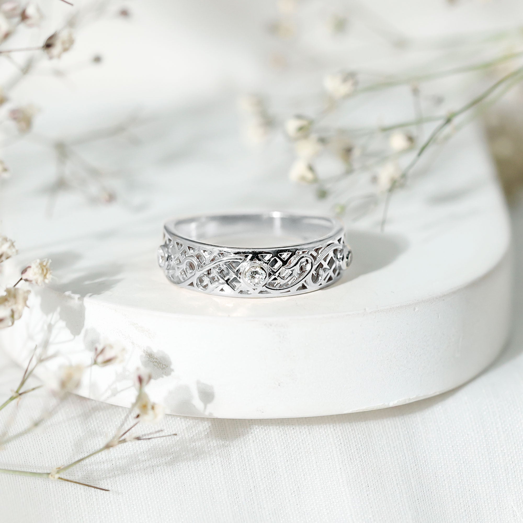 Bezel Set Round Diamond Filigree Ring Natural - ( HI-SI ) - Rosec Jewels