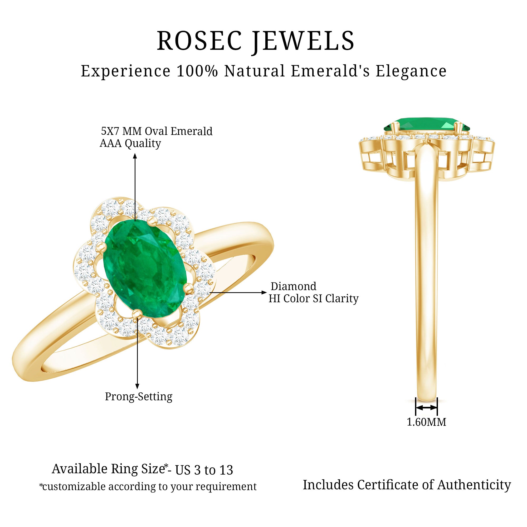 Natural 5X7mm Oval Emerald Engagement Ring with Diamond AAA - Rosec Jewels