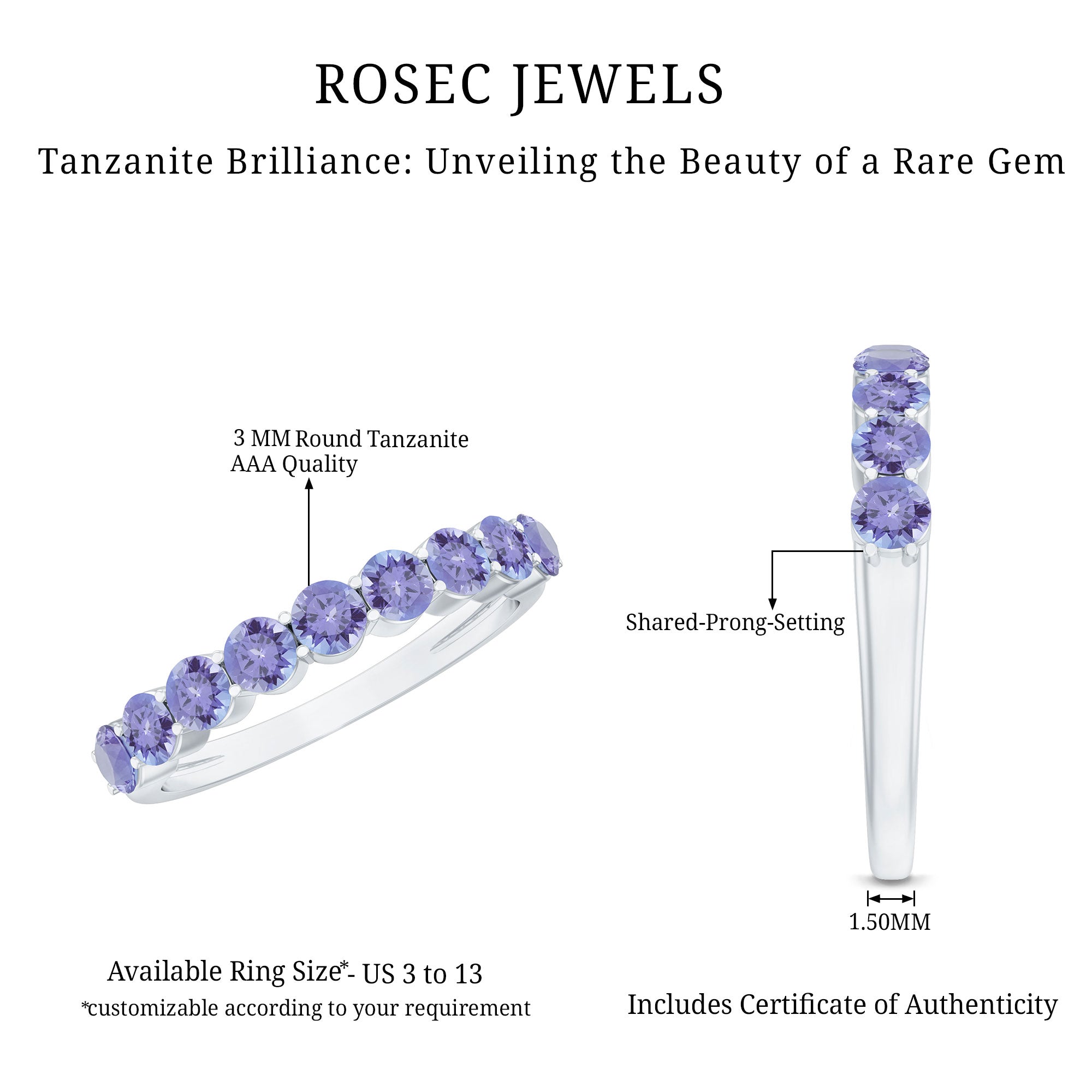 Rosec Jewels-Natural Tanzanite Half Eternity Ring with Certificate