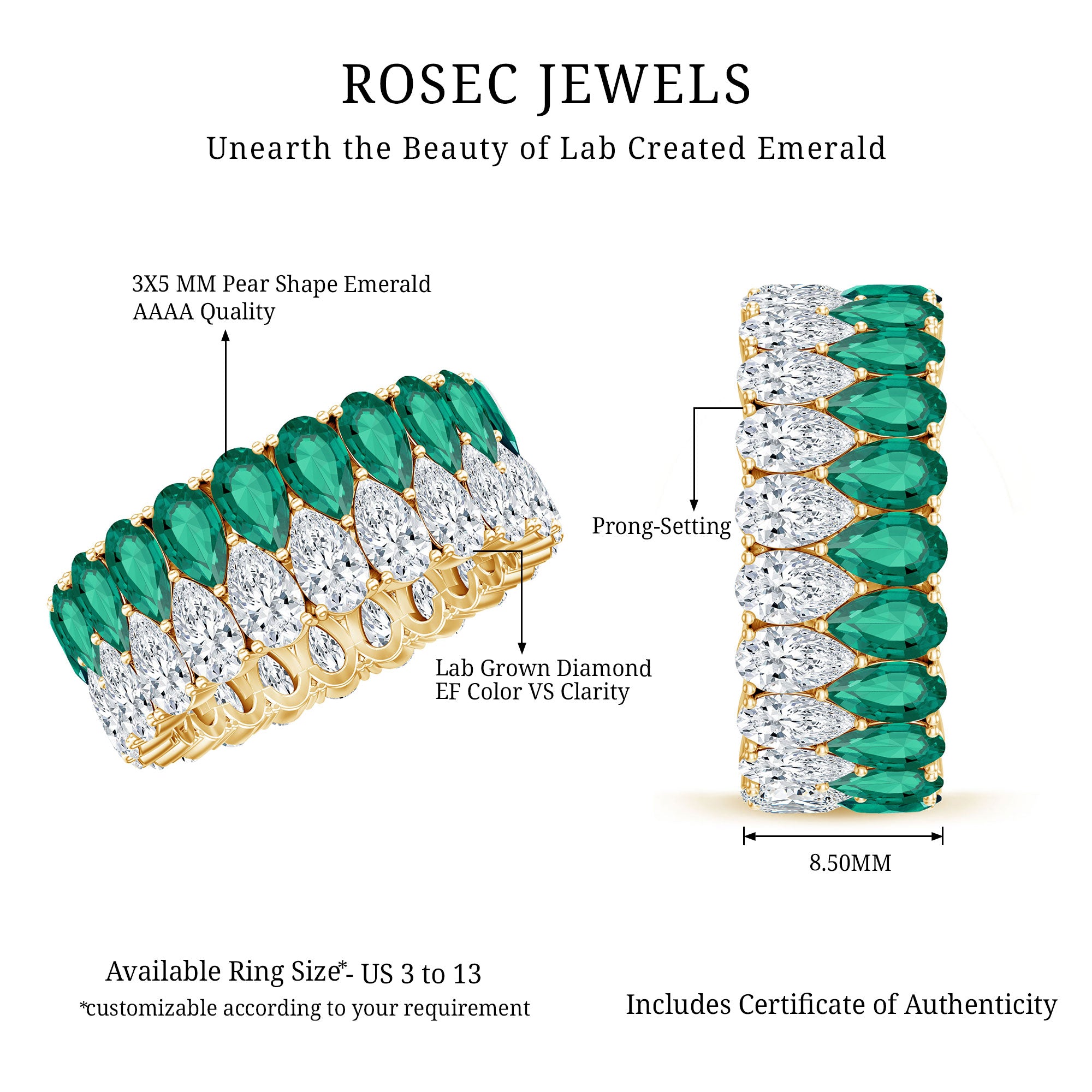 Pear Shape Lab Grown Emerald and Diamond Statement Wedding Band AAAA - Rosec Jewels