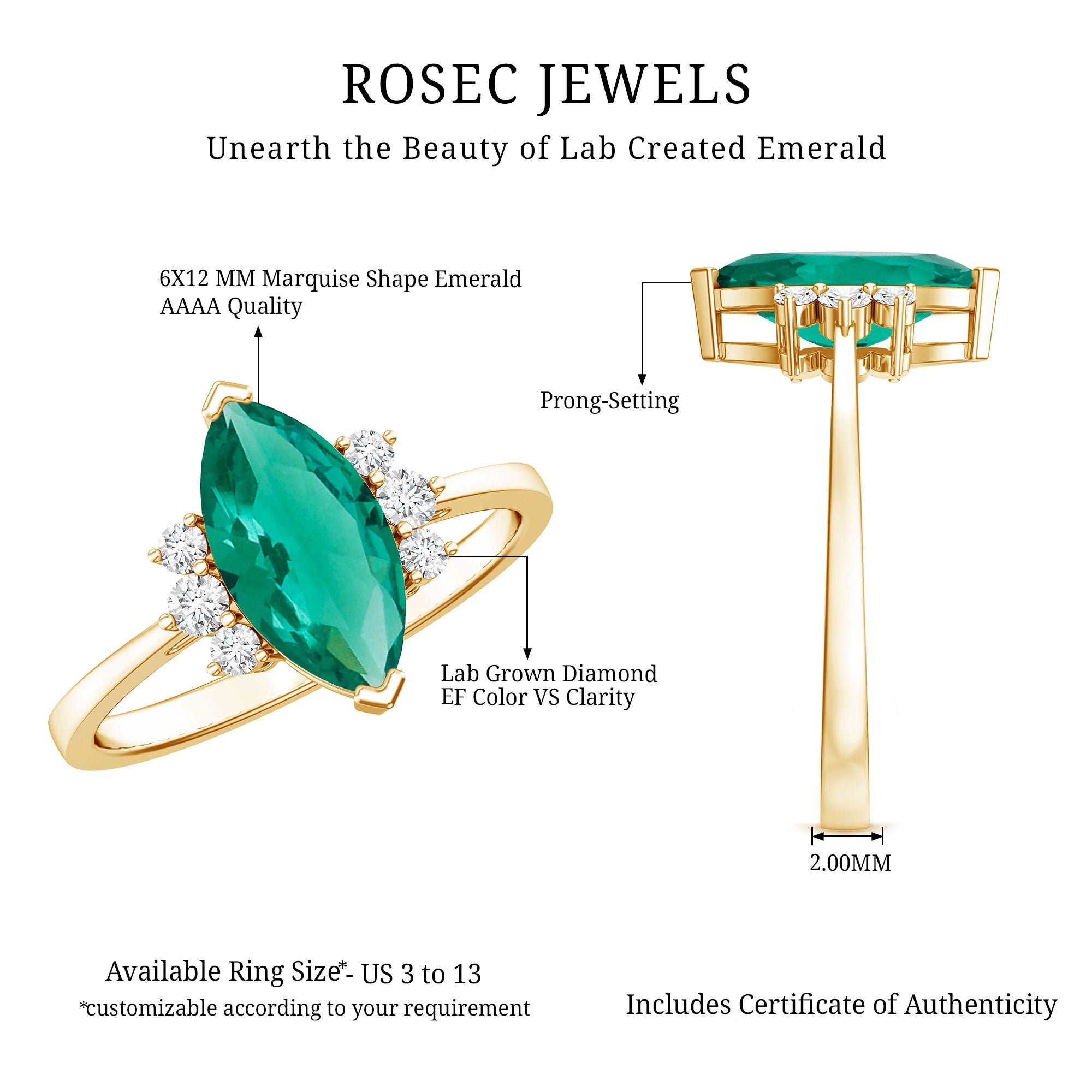 2.5 Carat Lab Grown Emerald and Diamond Marquise Engagement Ring AAAA - Rosec Jewels