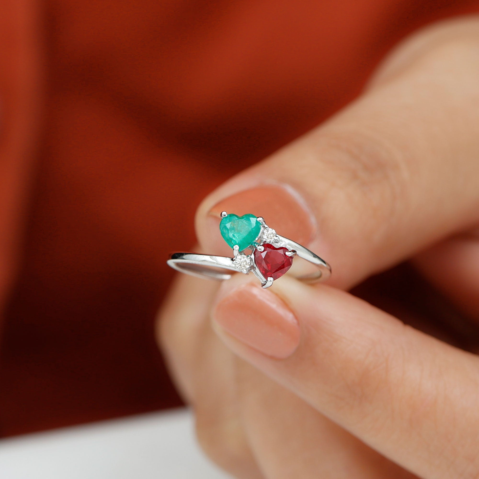 Ruby and Emerald Twin Heart Engagement Ring with Diamond Emerald - ( AAA ) - Quality - Rosec Jewels