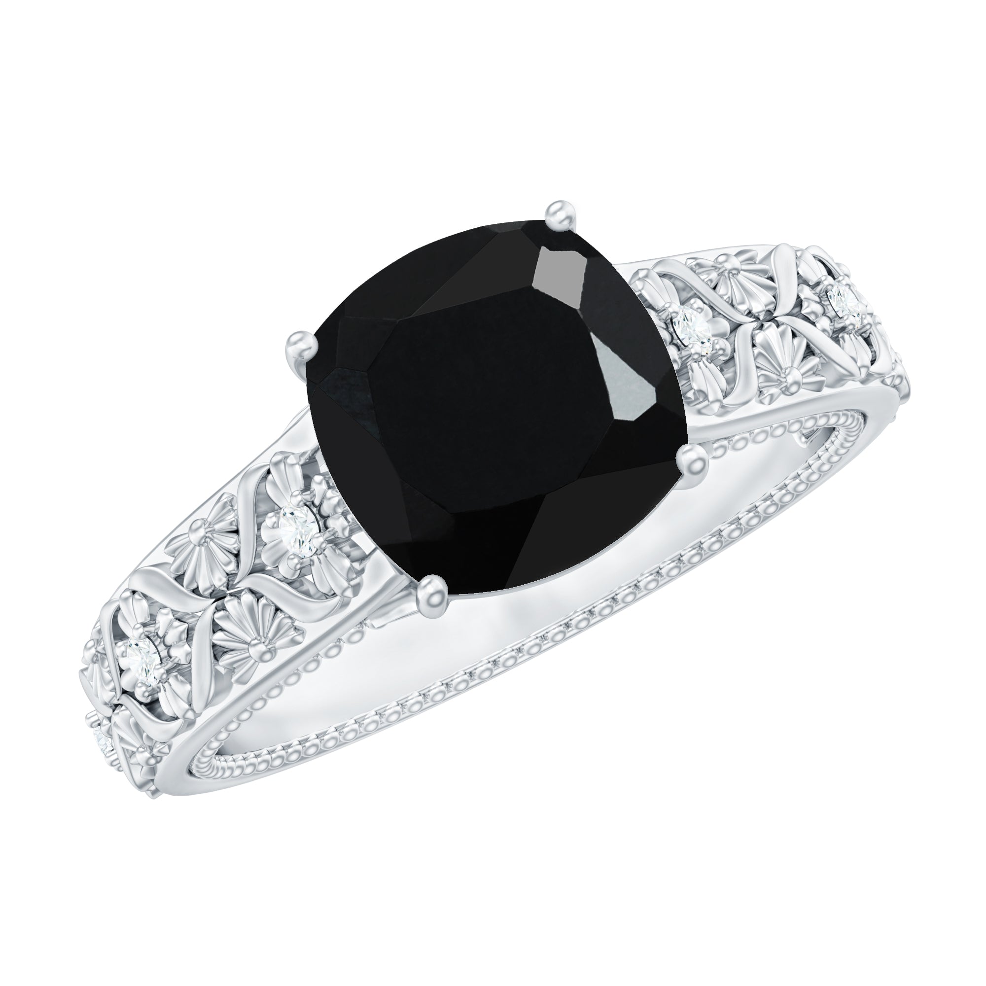 2 CT Cushion Cut Black Spinel Solitaire Engagement Ring