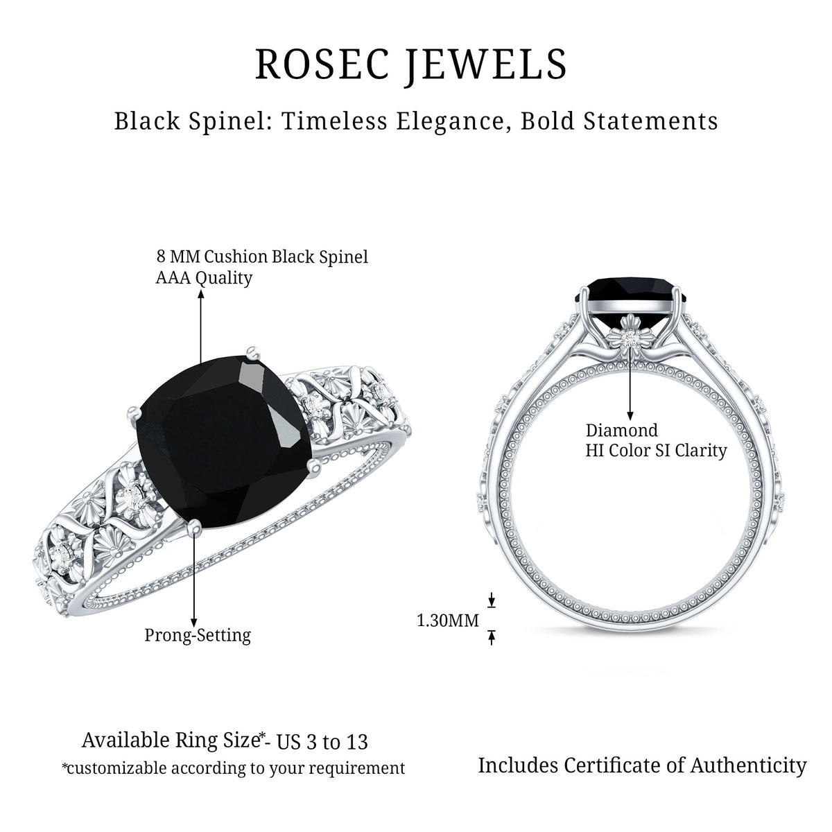 Genuine 2 Carat Black Spinel Vintage Engagement Ring with Diamond AAA - Rosec Jewels