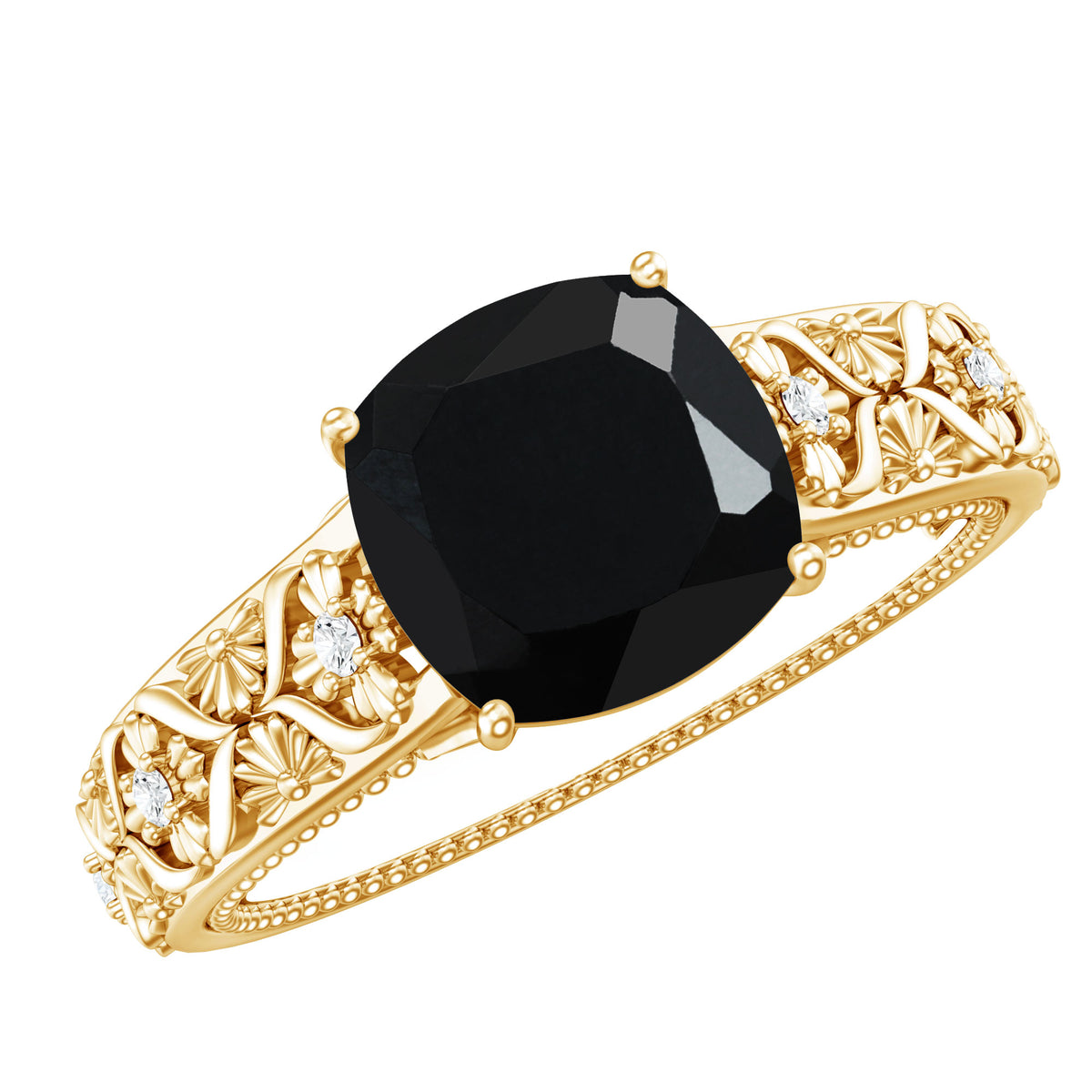 Genuine 2 Carat Black Spinel Vintage Engagement Ring with Diamond AAA - Rosec Jewels