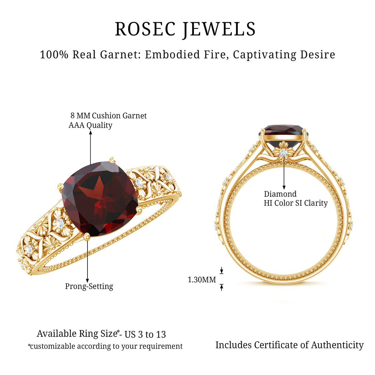 Nature Inspired 3.2 Carat Garnet Cushion Cut Engagement Ring with Diamond AAA - Rosec Jewels