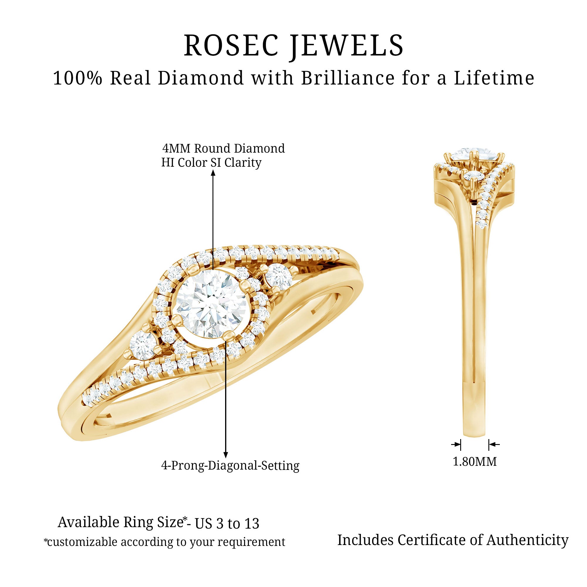 Certified Diamond Classic Engagement Ring in Split Shank Natural - ( HI-SI ) - Rosec Jewels