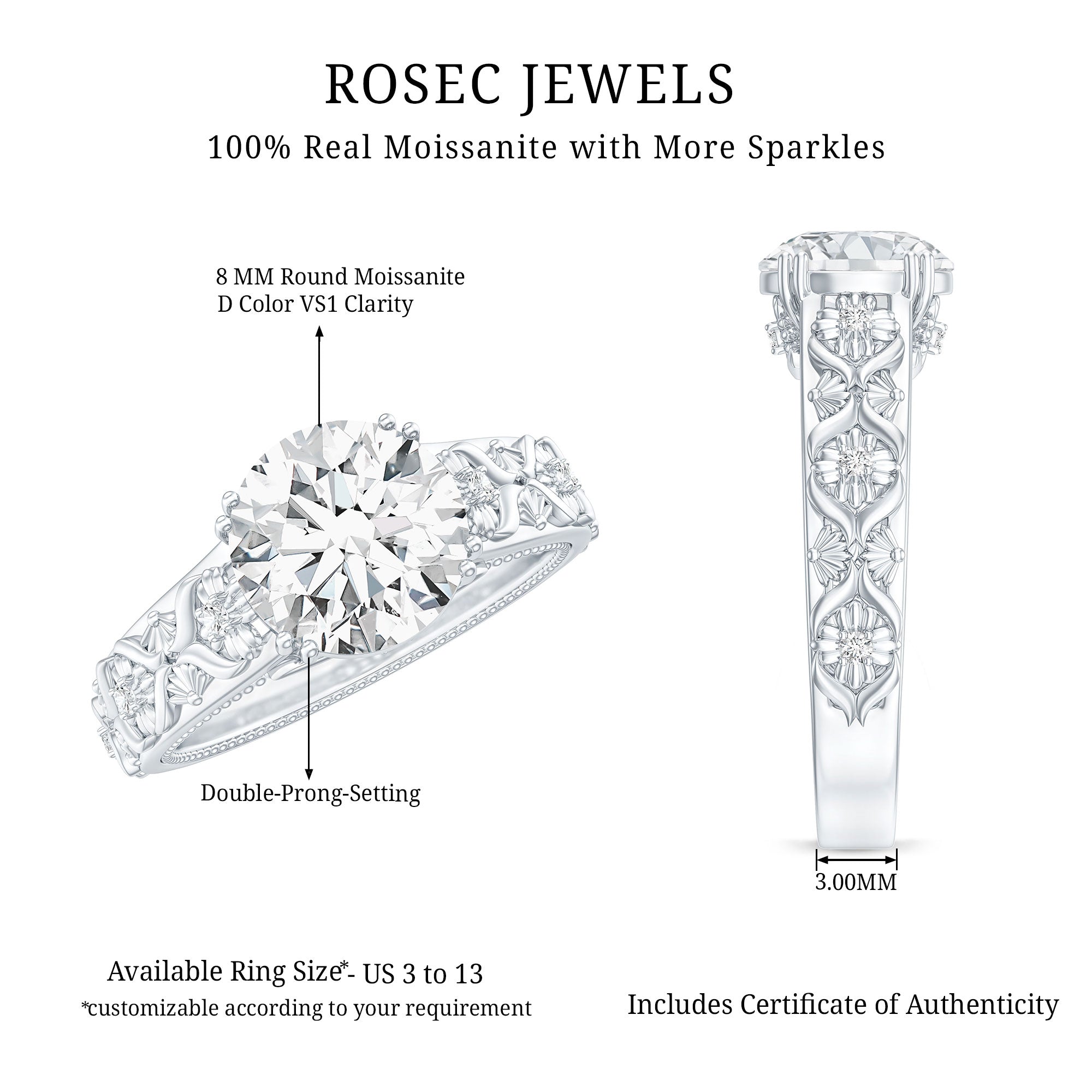 2 Carat Moissanite Double Prong Vintage Engagement Ring D-VS1 - Rosec Jewels