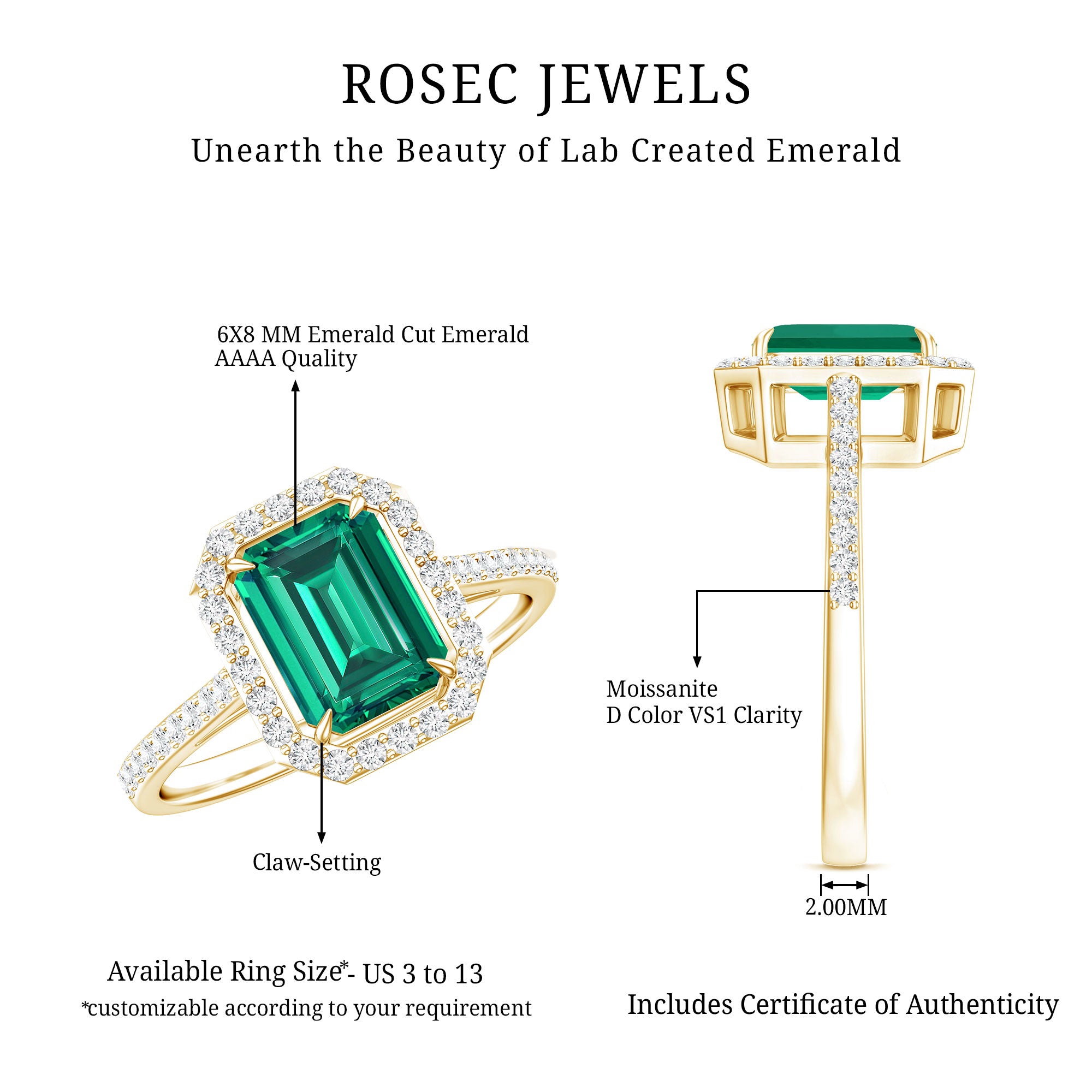 1.6 Carat Emerald Cut Lab Created Emerald Engagement Ring With Moissanite Halo AAAA - Rosec Jewels