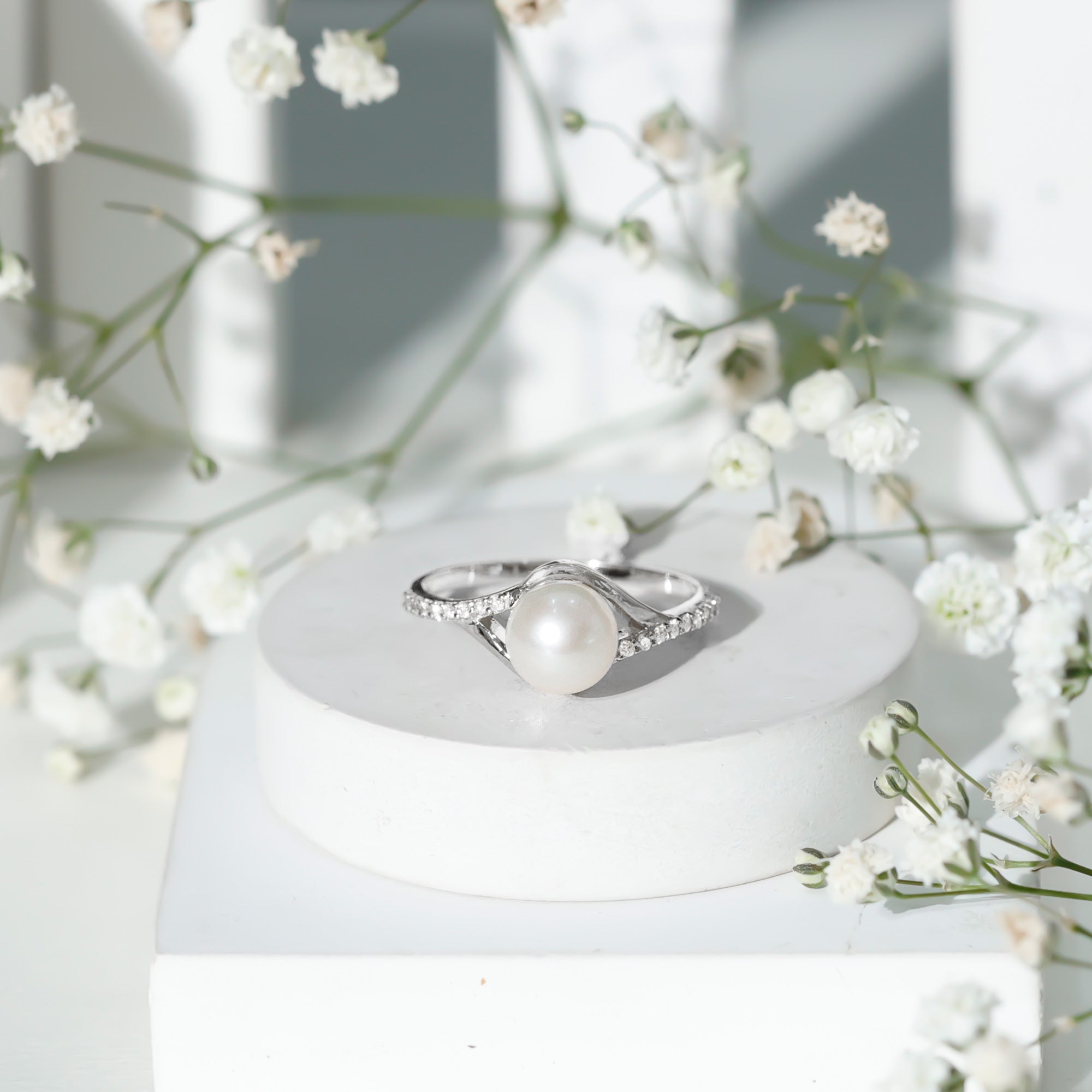Rosec Jewels-Cultured 7.4 Carat Freshwater Pearl Engagement Ring with Diamond Split Shank
