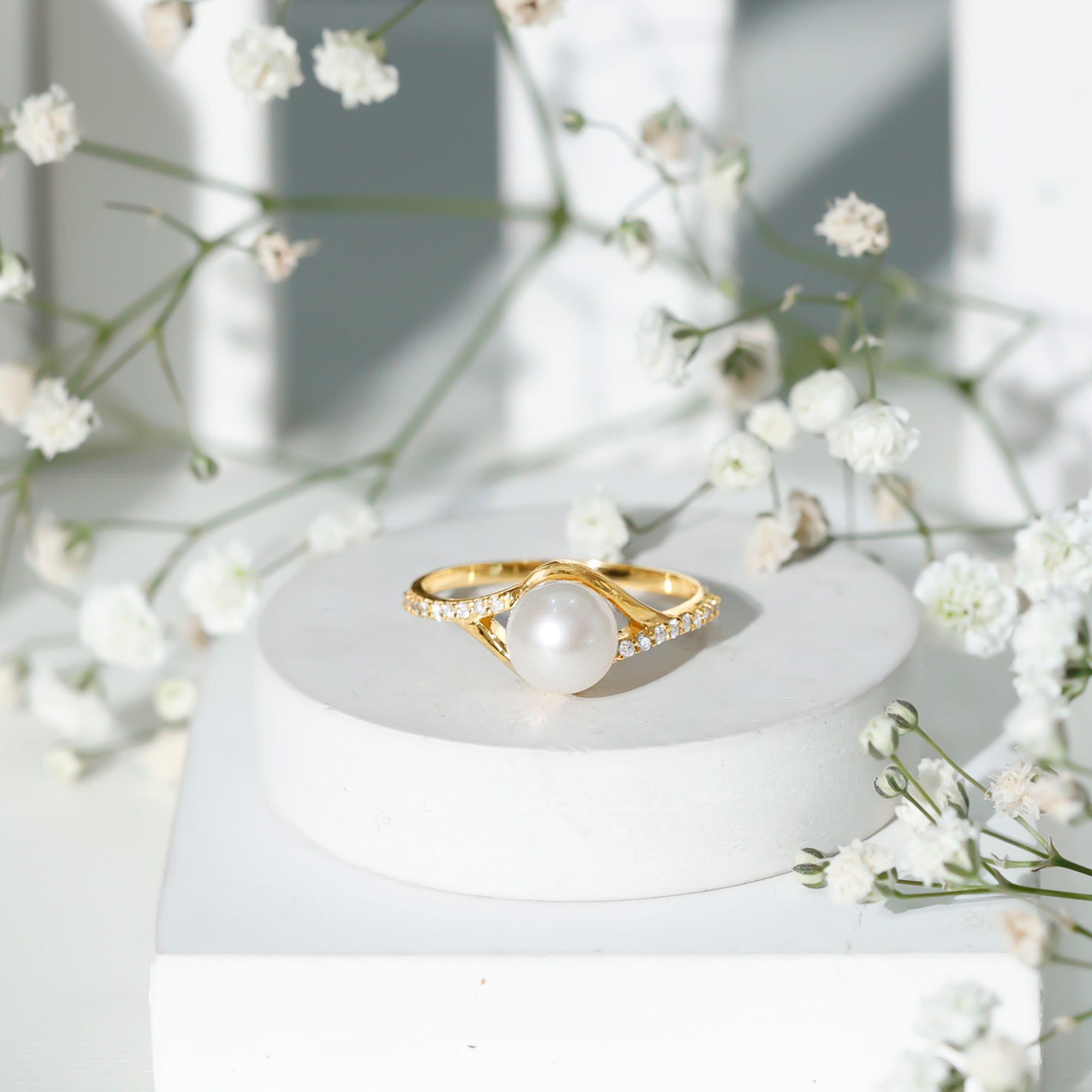 Rosec Jewels-Cultured 7.4 Carat Freshwater Pearl Engagement Ring with Diamond Split Shank