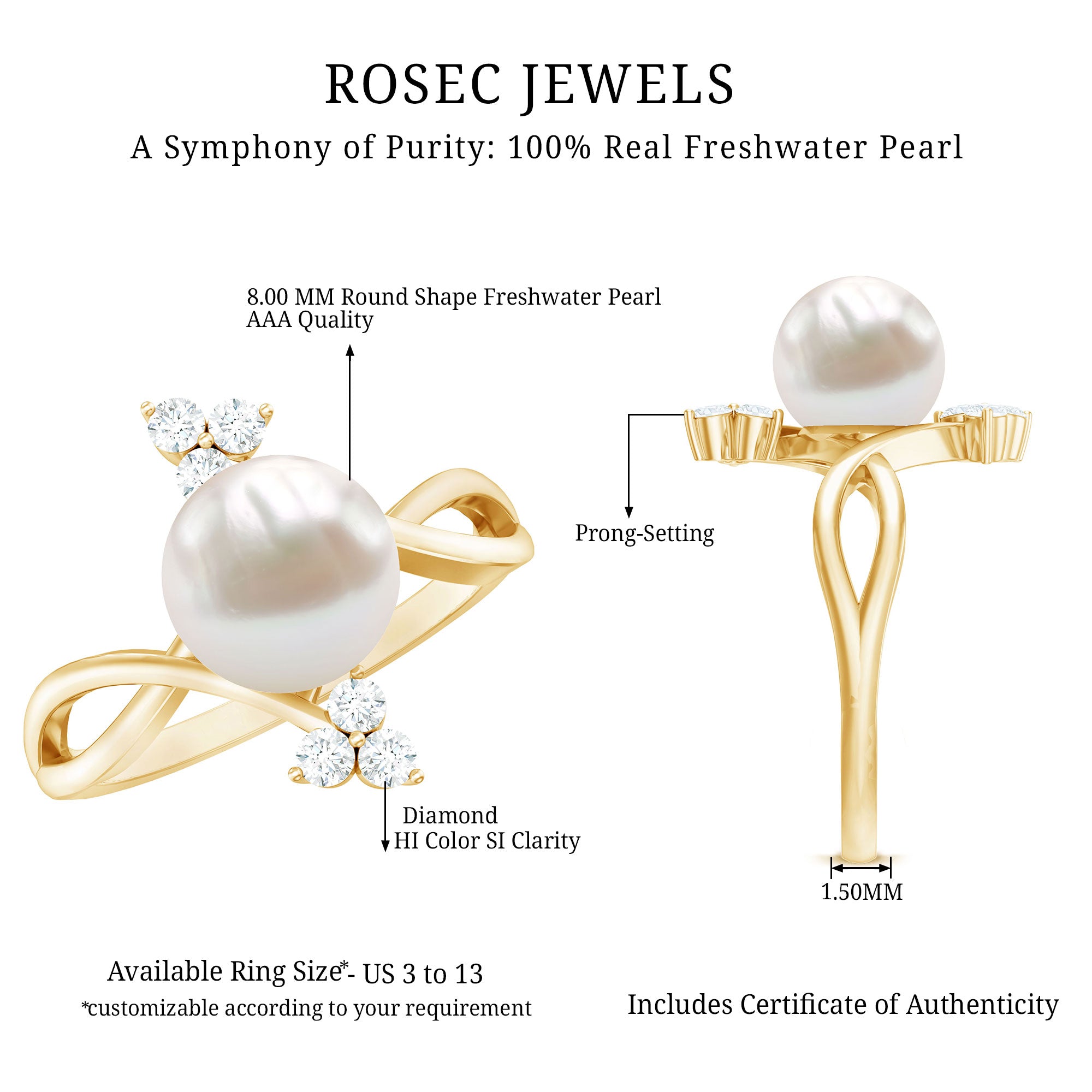 Rosec Jewels-Cultured 7.48 Carat White Pearl Bypass Engagement Ring with Diamond