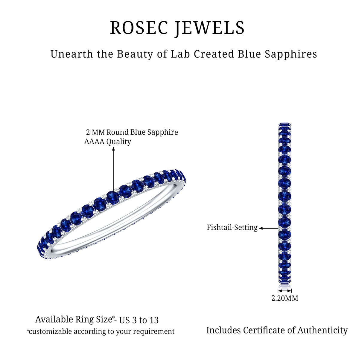 Certified Lab Grown Blue Sapphire Eternity Ring for Women AAAA - Rosec Jewels