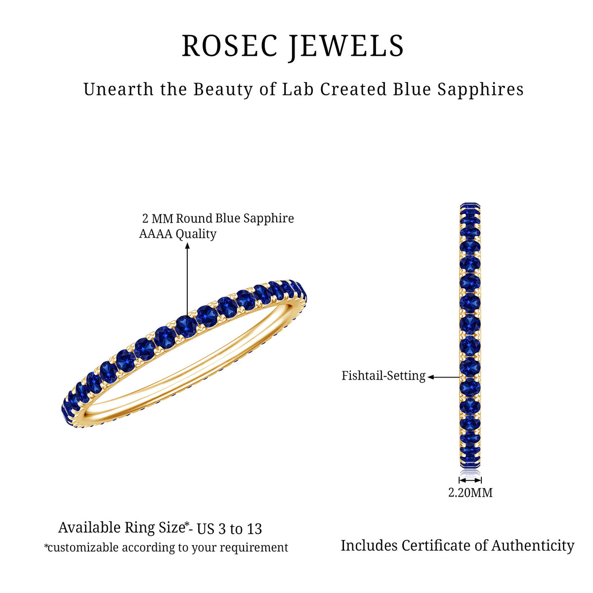 Certified Lab Grown Blue Sapphire Eternity Ring for Women AAAA - Rosec Jewels
