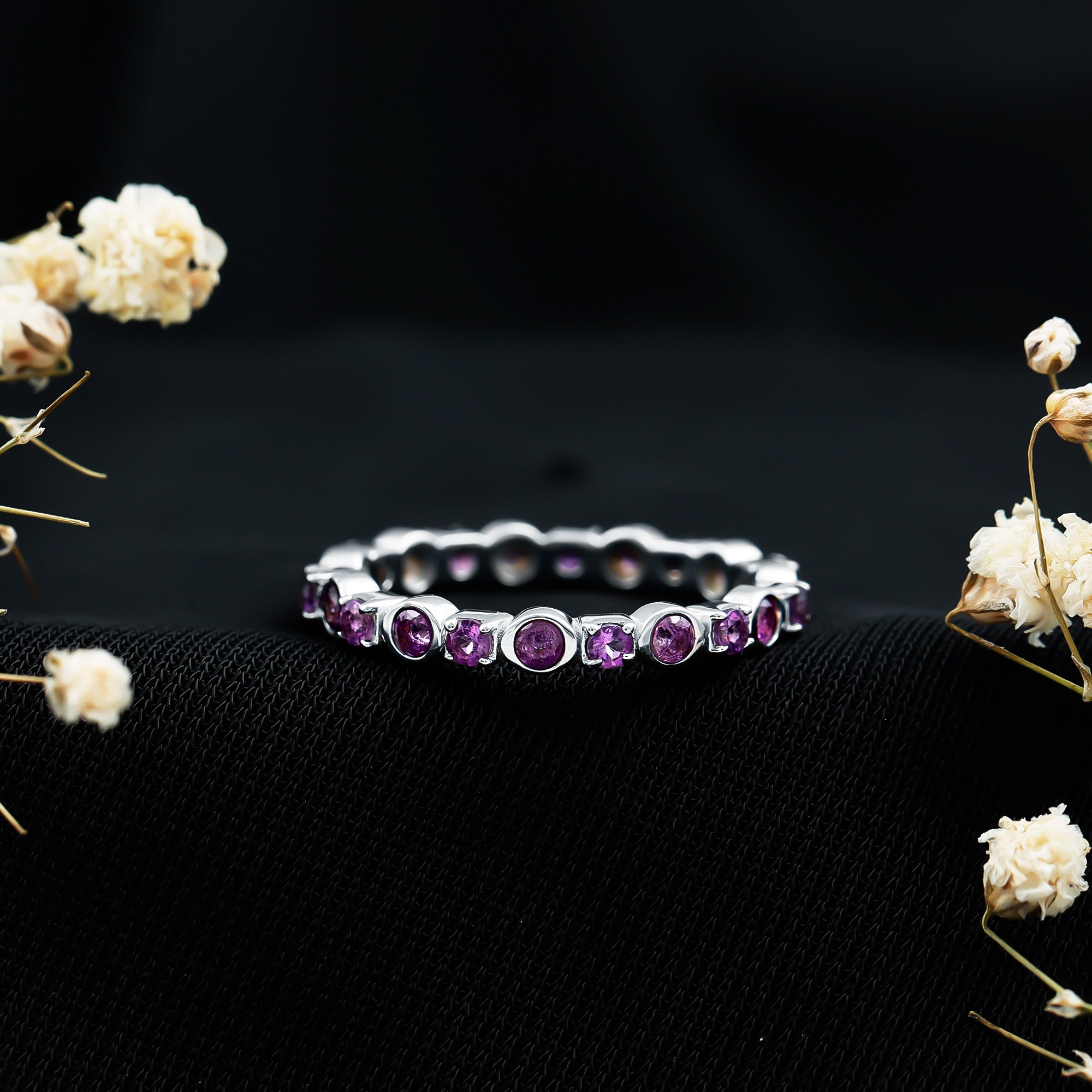 Rosec Jewels-Natural Amethyst Eternity Wedding Band in Gold Plated Silver