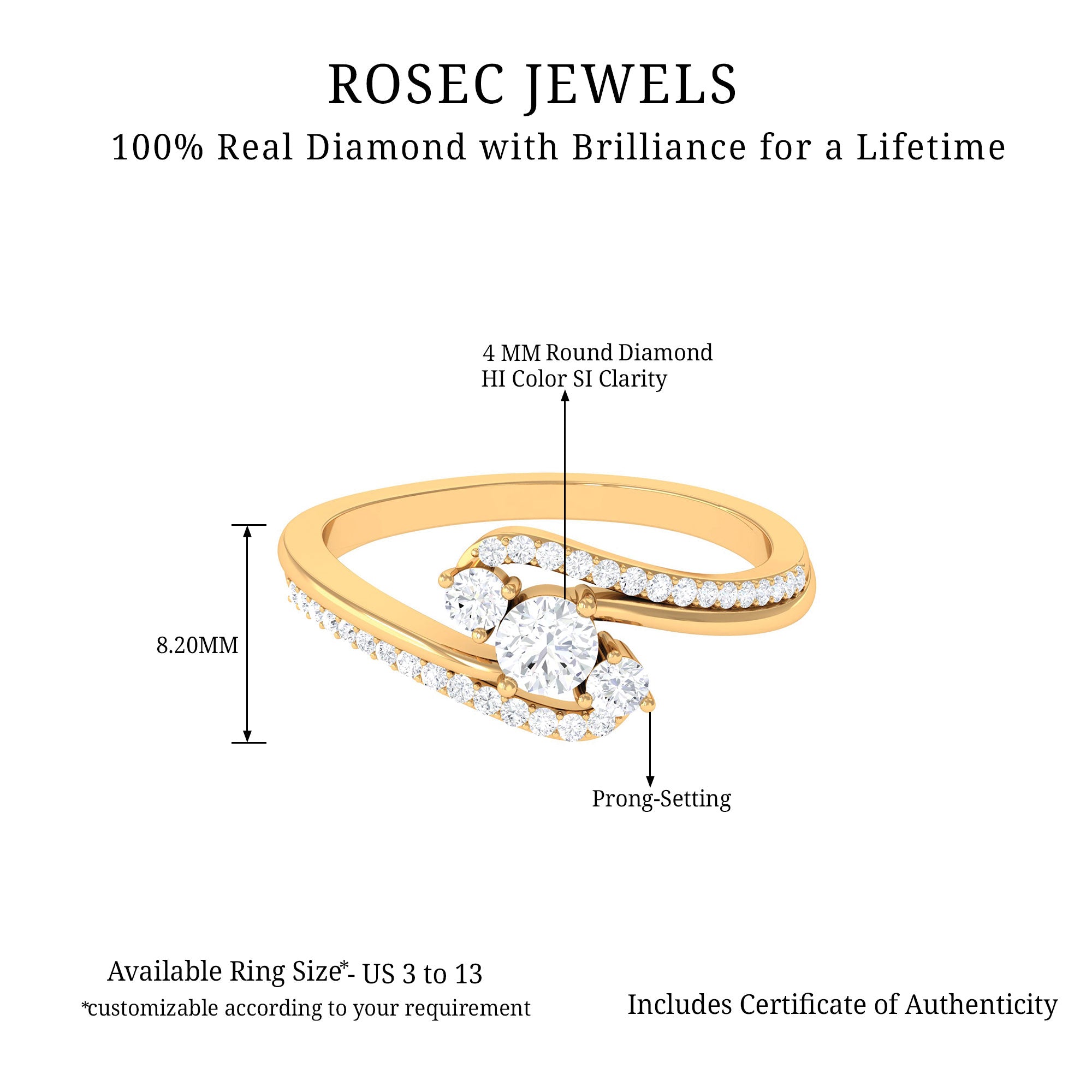 3 Stone Diamond Bypass Engagement Ring Diamond - ( HI-SI ) - Color and Clarity - Rosec Jewels