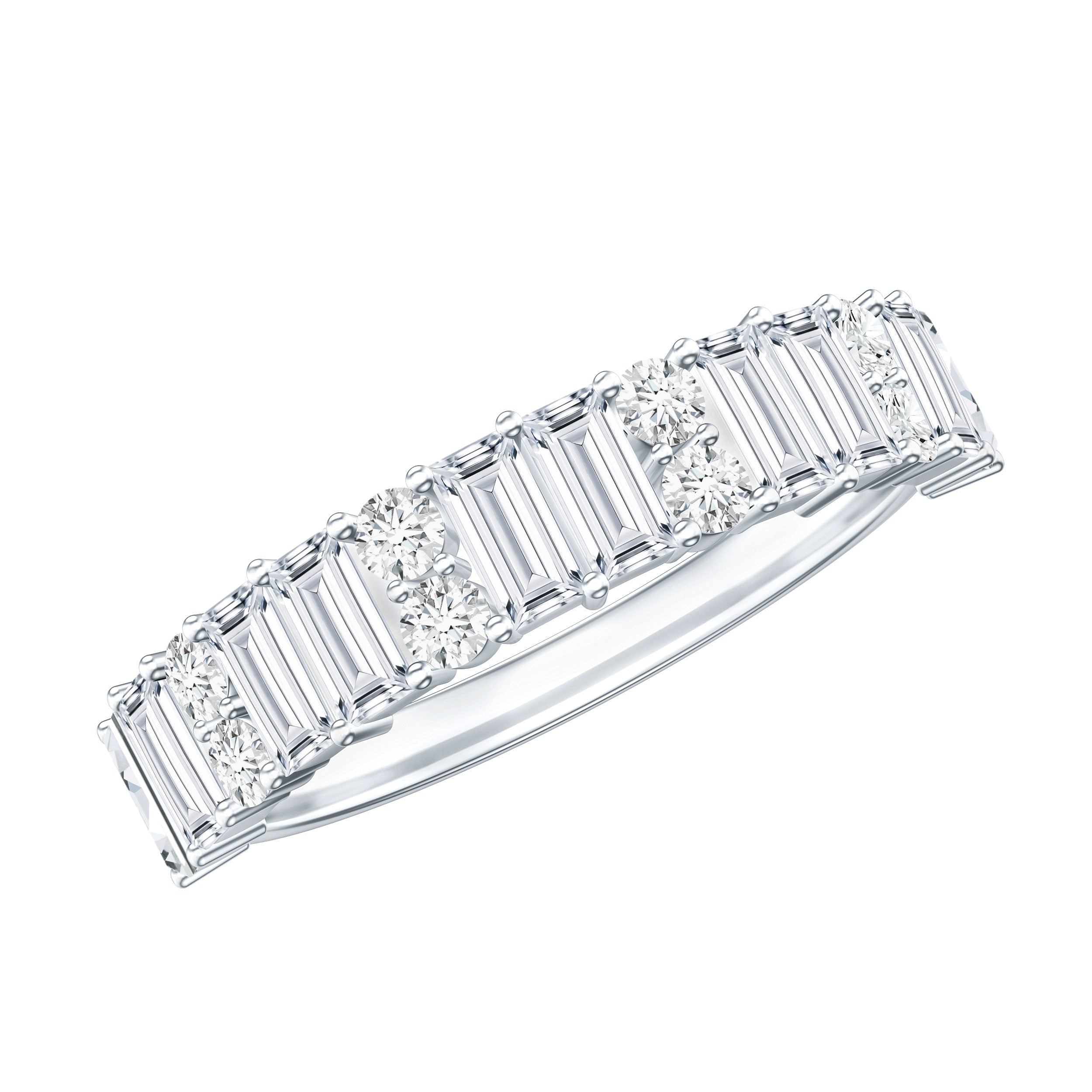 Baguette and Round Moissanite Half Eternity Band Ring D-VS1 - Rosec Jewels