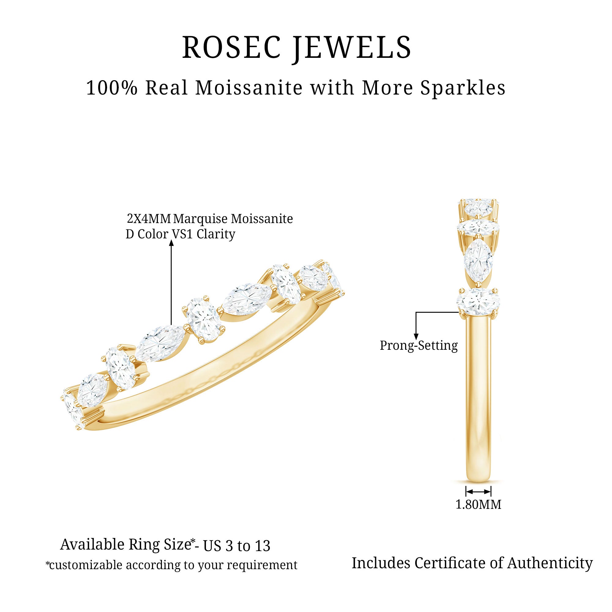 Marquise and Oval Shape Moissanite Half Eternity Ring D-VS1 - Rosec Jewels