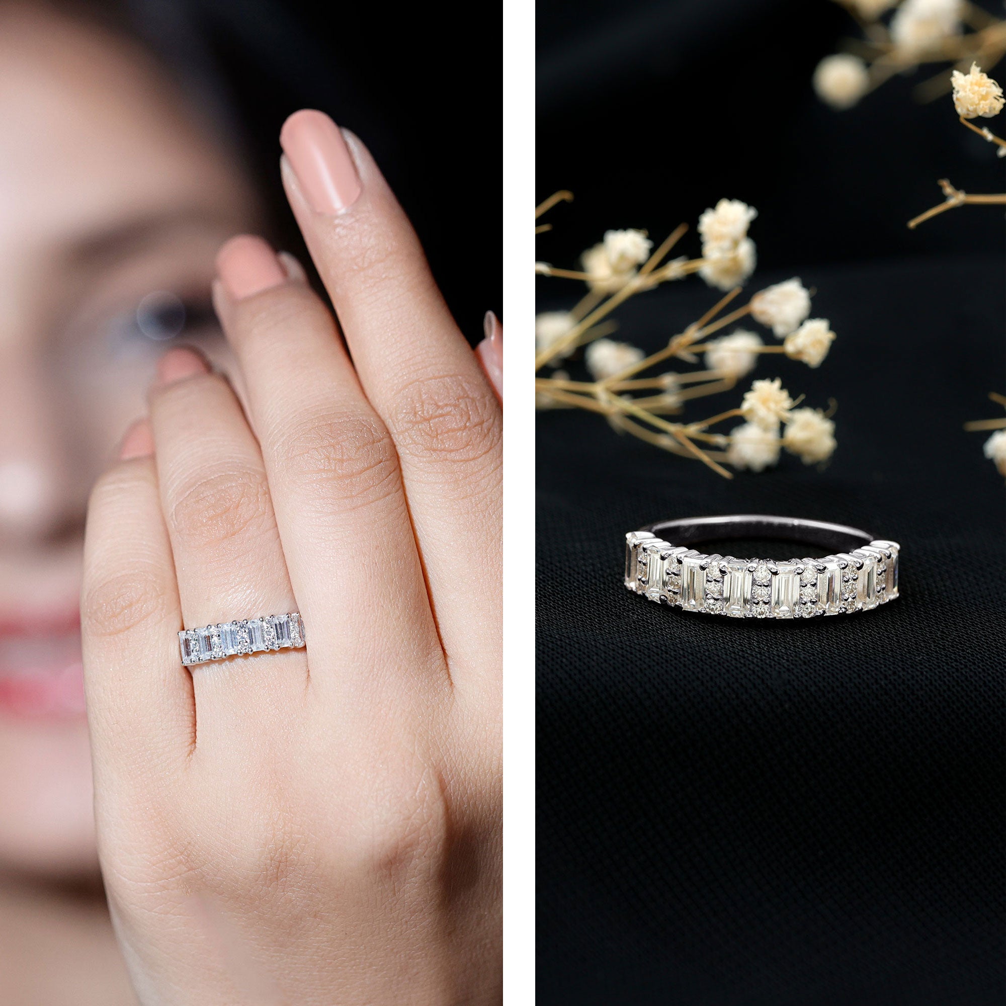 Certified Baguette Moissanite Half Eternity Band Ring for Women D-VS1 - Rosec Jewels
