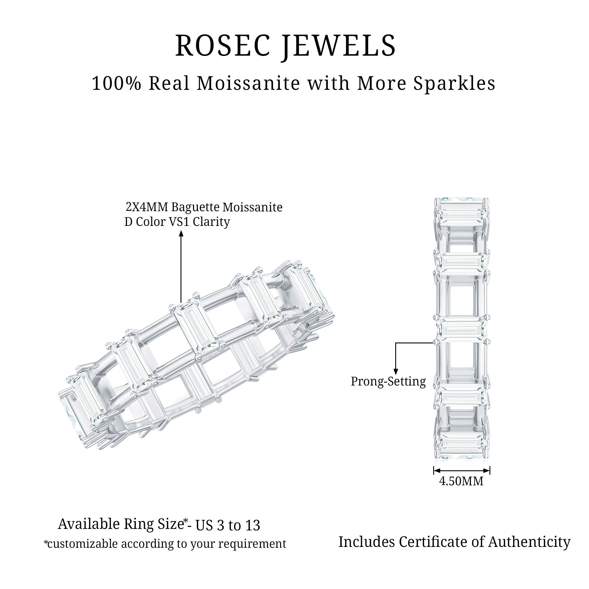 Moissanite Baguette Wedding Band with Certificate D-VS1 - Rosec Jewels