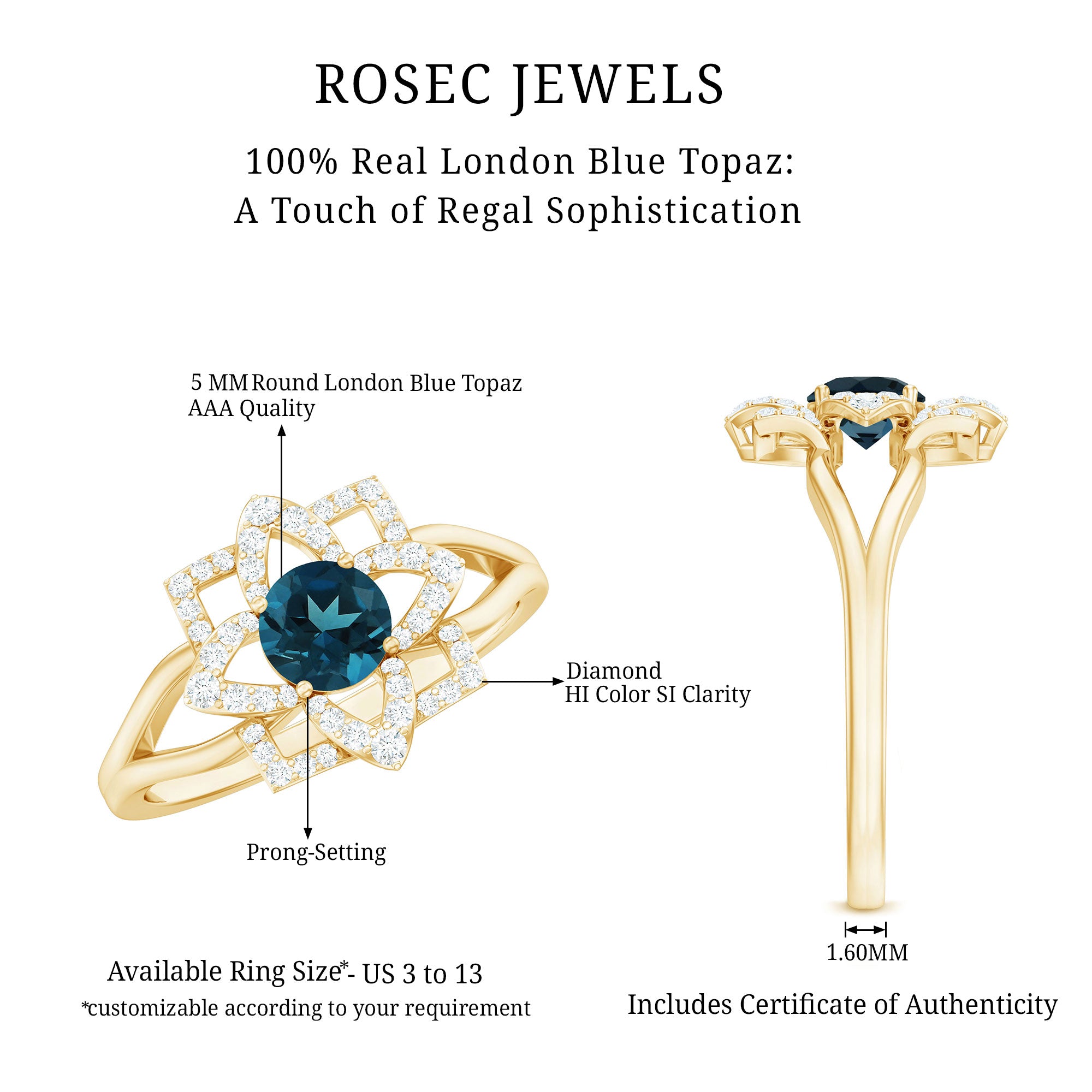 Flower Inspired London Blue Topaz and Diamond Engagement Ring AAA - Rosec Jewels