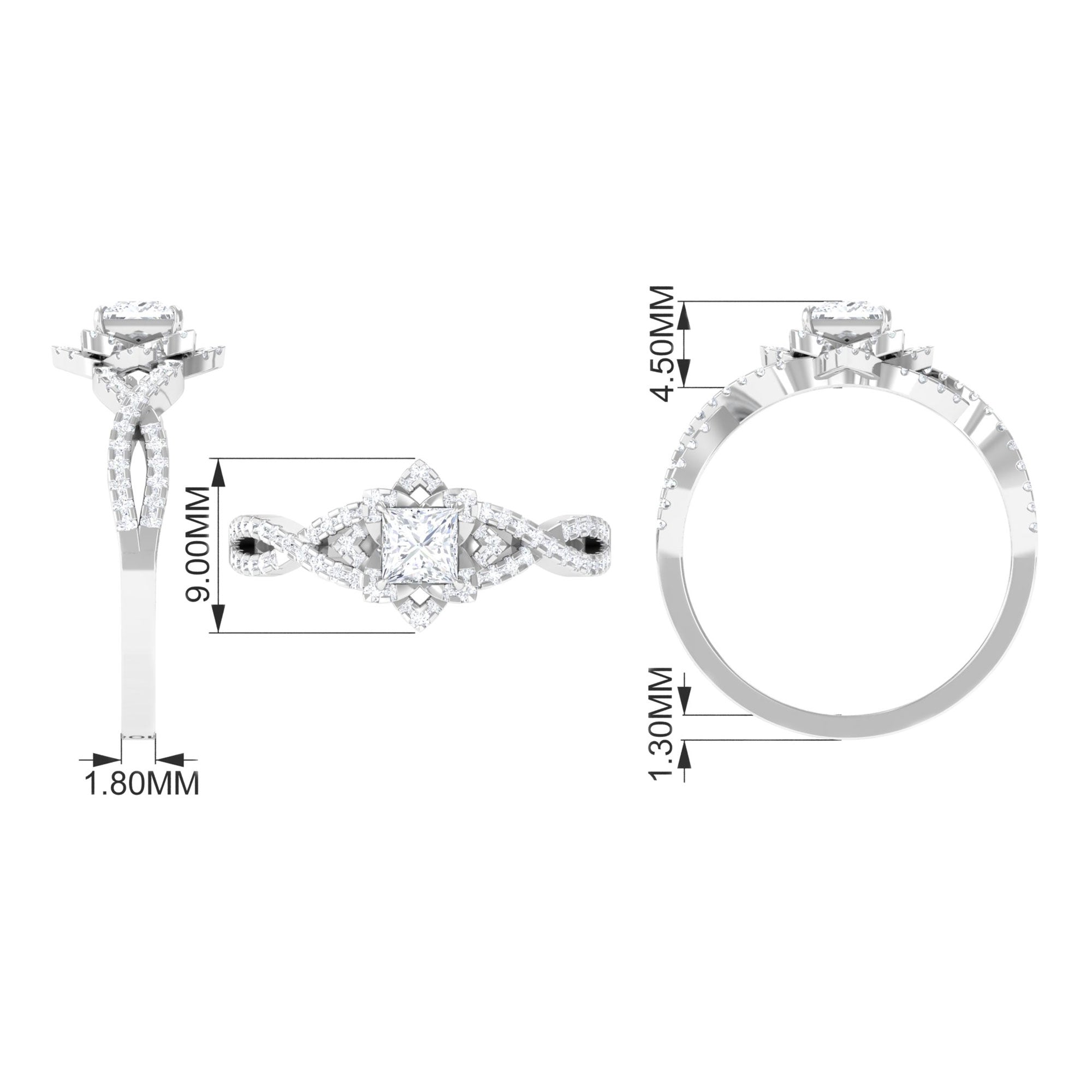 Natural Princess Cut Diamond Flower Engagement Ring with Crossover Shank Natural - ( HI-SI ) - Rosec Jewels