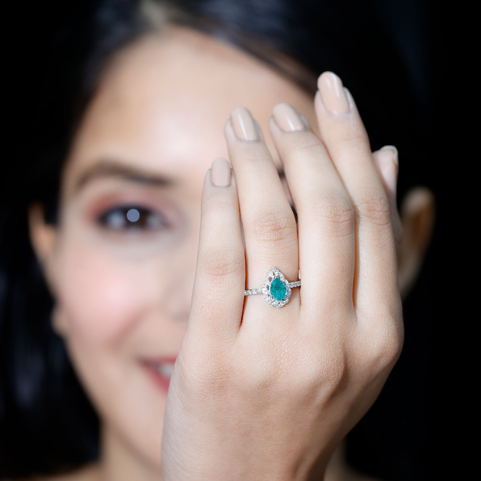 Rosec Jewels-Pear Shaped Emerald Nature Engagement Ring with Diamond