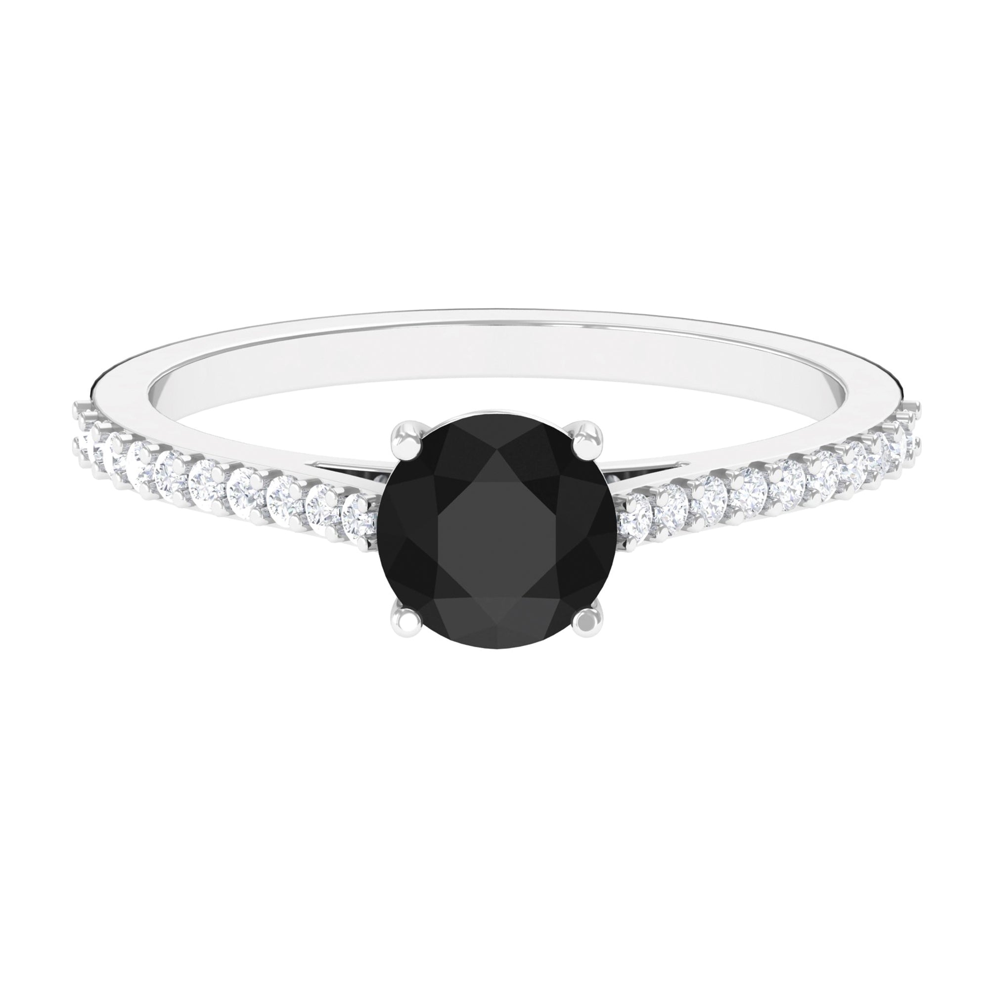 Round Black Onyx Solitaire Engagement Ring with Diamond Black Onyx - ( AAA ) - Quality - Rosec Jewels