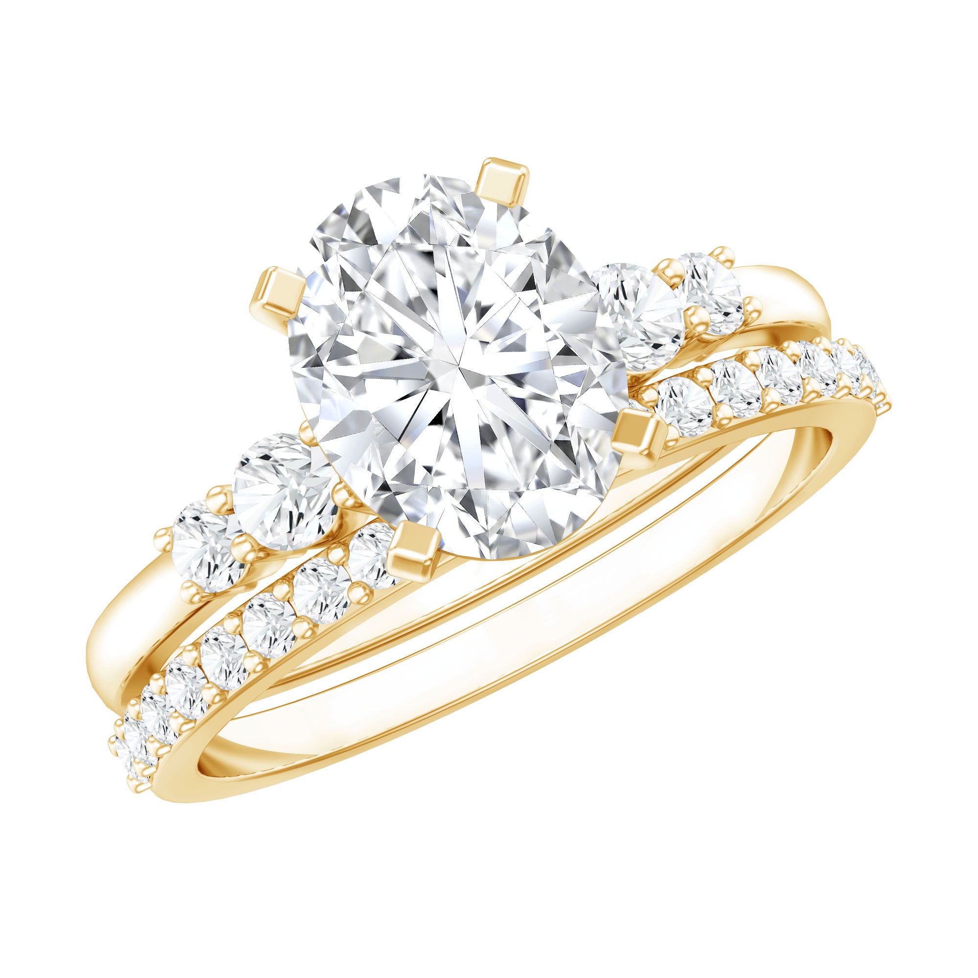 Certified Oval Cut Moissanite Engagement Ring with Wedding Band Set D-VS1 - Rosec Jewels