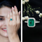 Rosec Jewels-Certified 7X9mm Lab Grown Emerald Cut Emerald Engagement Ring with Halo