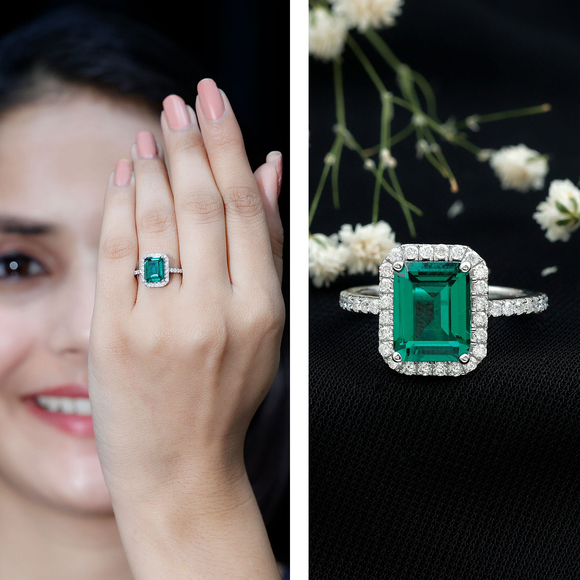 Rosec Jewels-Certified 7X9mm Lab Grown Emerald Cut Emerald Engagement Ring with Halo