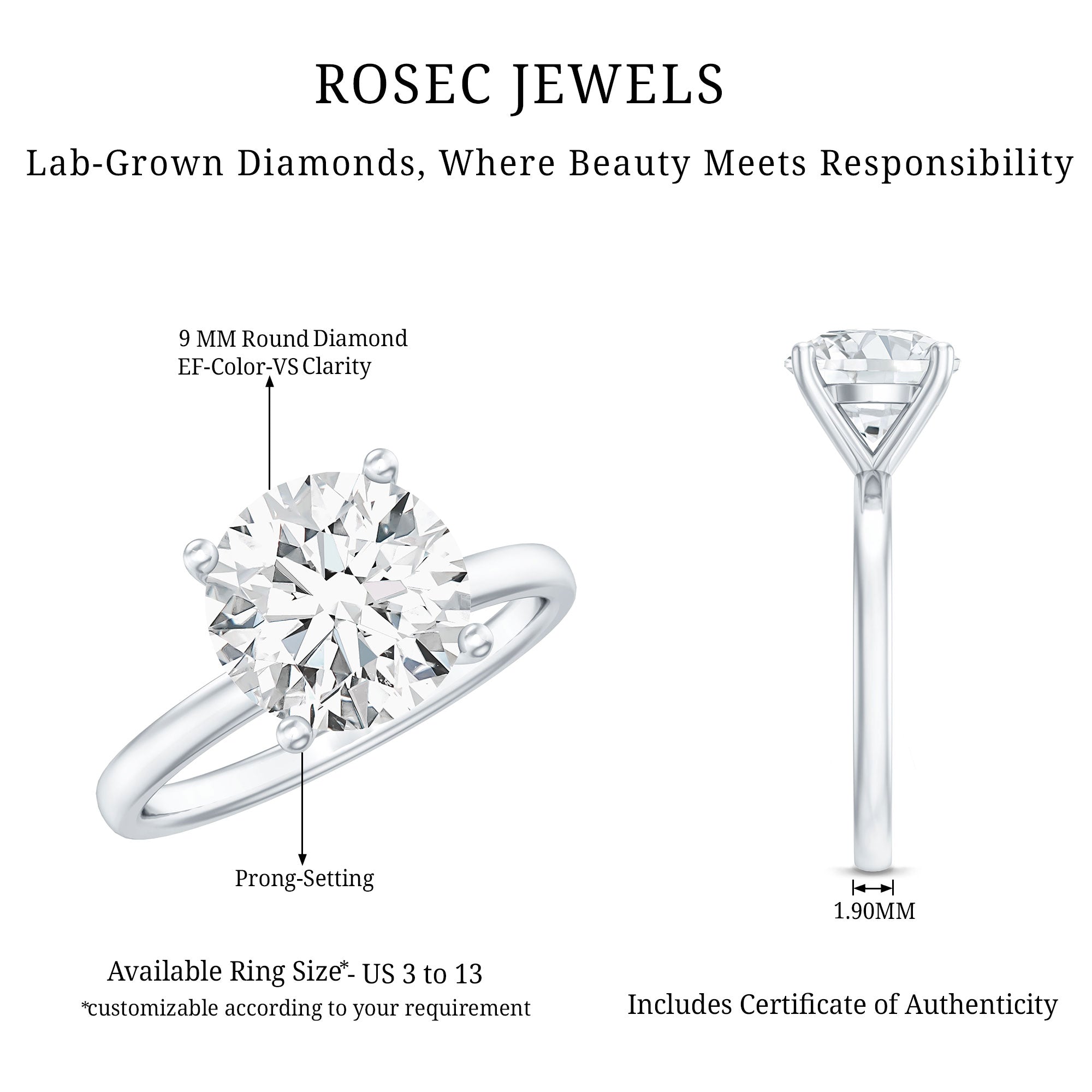 Certified 2.5 CT Lab Grown Diamond Solitaire Engagement Ring Lab - ( EF-VS ) - Rosec Jewels