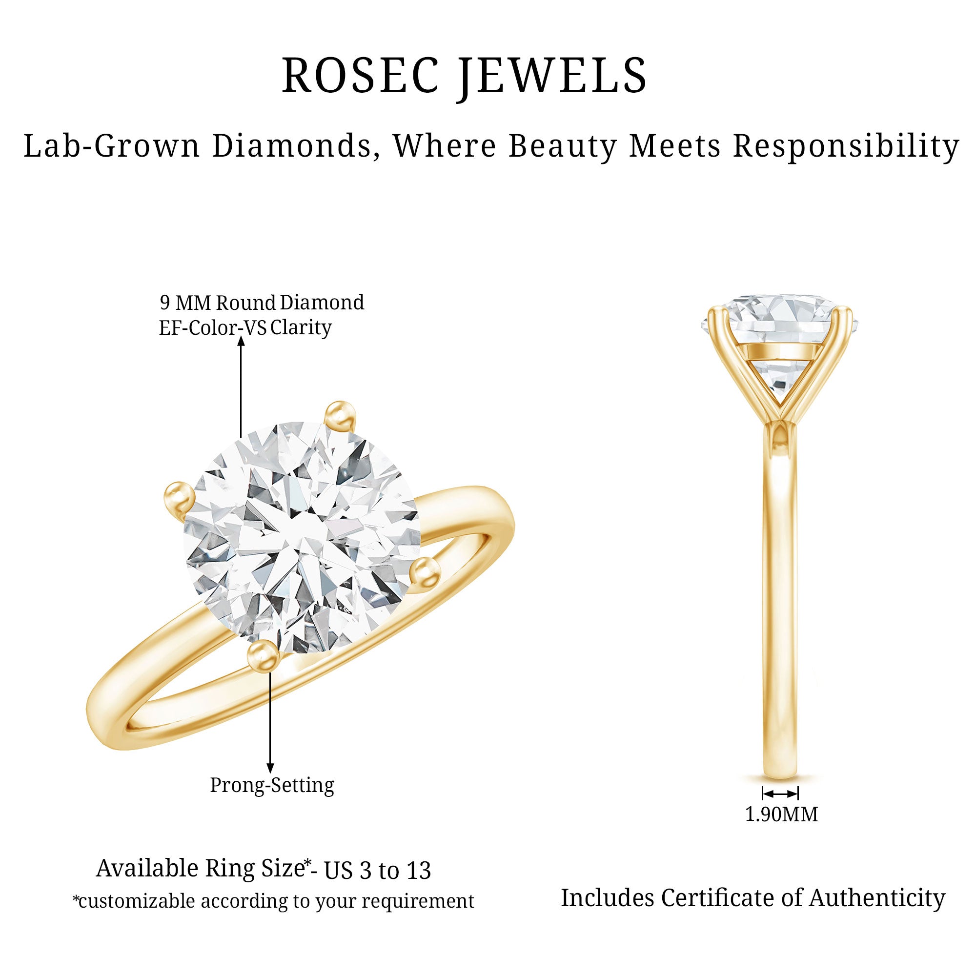 Certified 2.5 CT Lab Grown Diamond Solitaire Engagement Ring Lab - ( EF-VS ) - Rosec Jewels