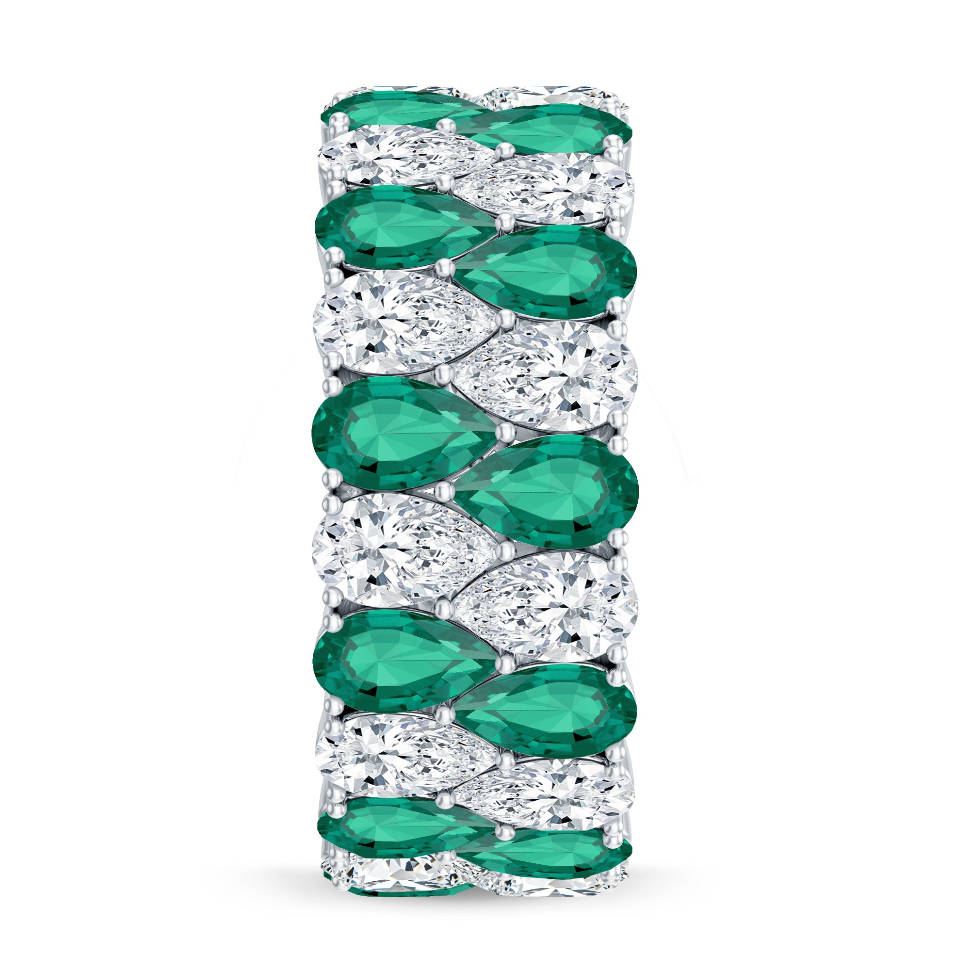 Vintage Style Lab Grown Emerald and Diamond Wide Eternity Band AAAA - Rosec Jewels