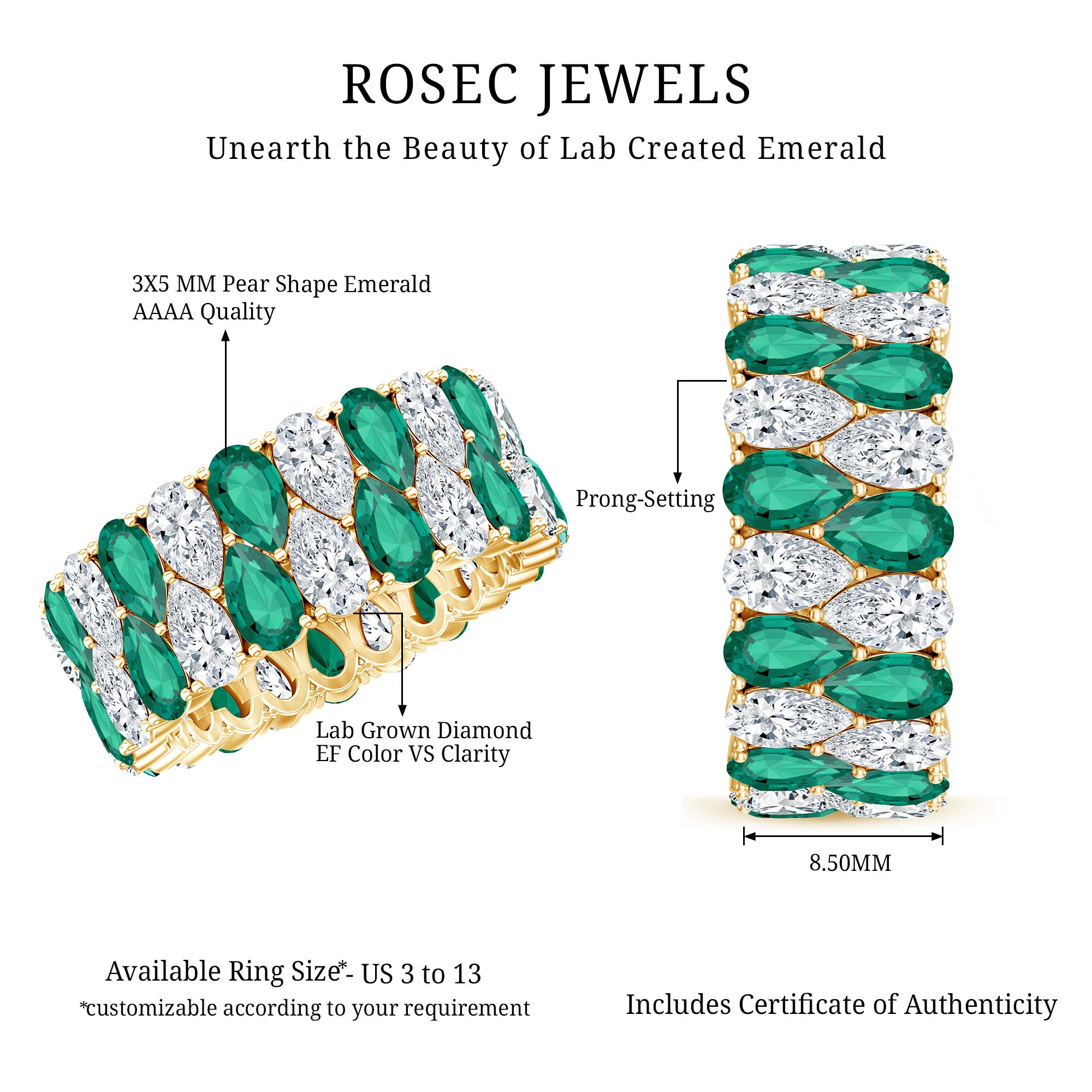 Vintage Style Lab Grown Emerald and Diamond Wide Eternity Band AAAA - Rosec Jewels