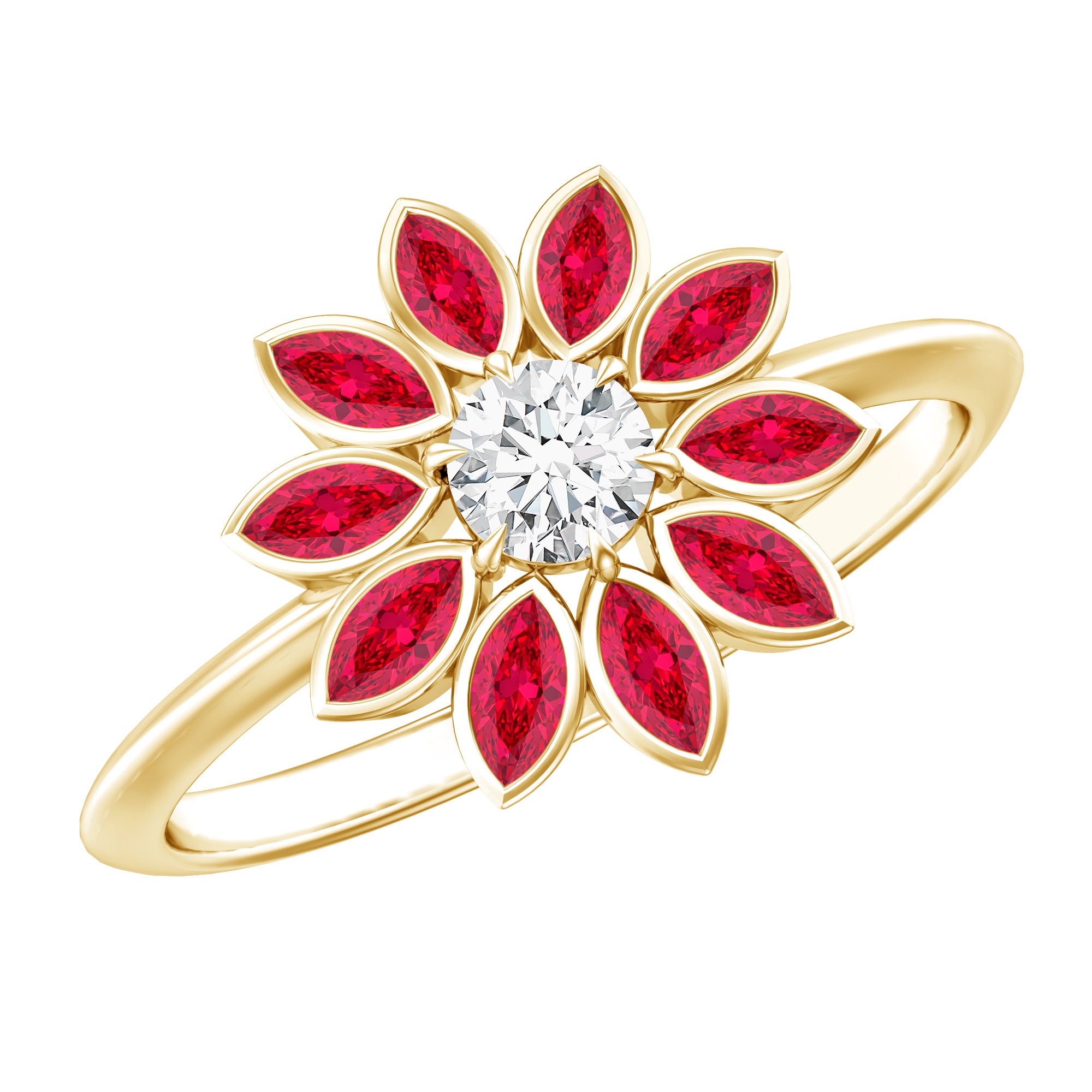 Lab Grown Diamond and Ruby Flower Cocktail Ring with Certificate Lab - ( EF-VS ) - Rosec Jewels
