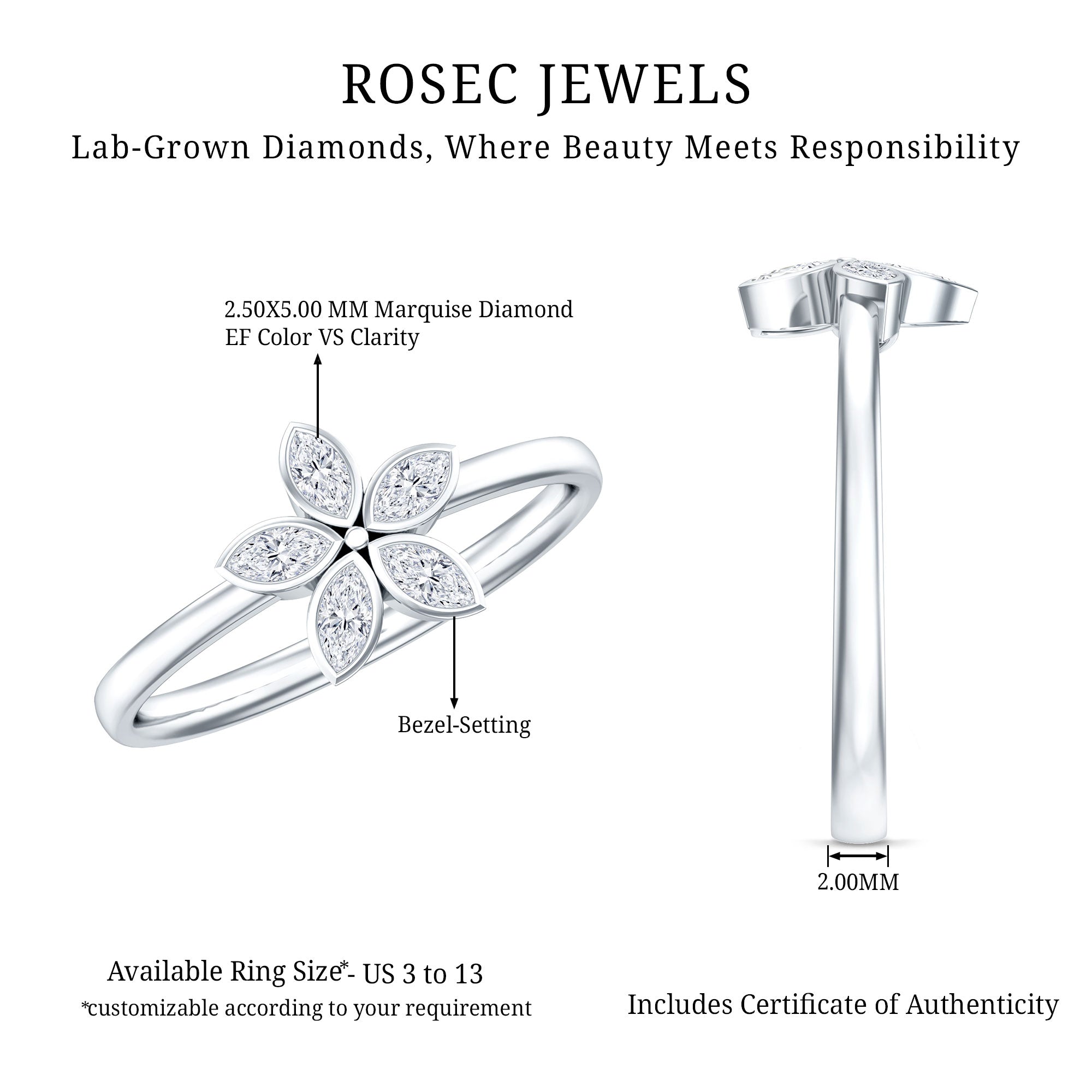 Marquise Cut Lab Grown Diamond Flower Promise Ring for Women Lab - ( EF-VS ) - Rosec Jewels